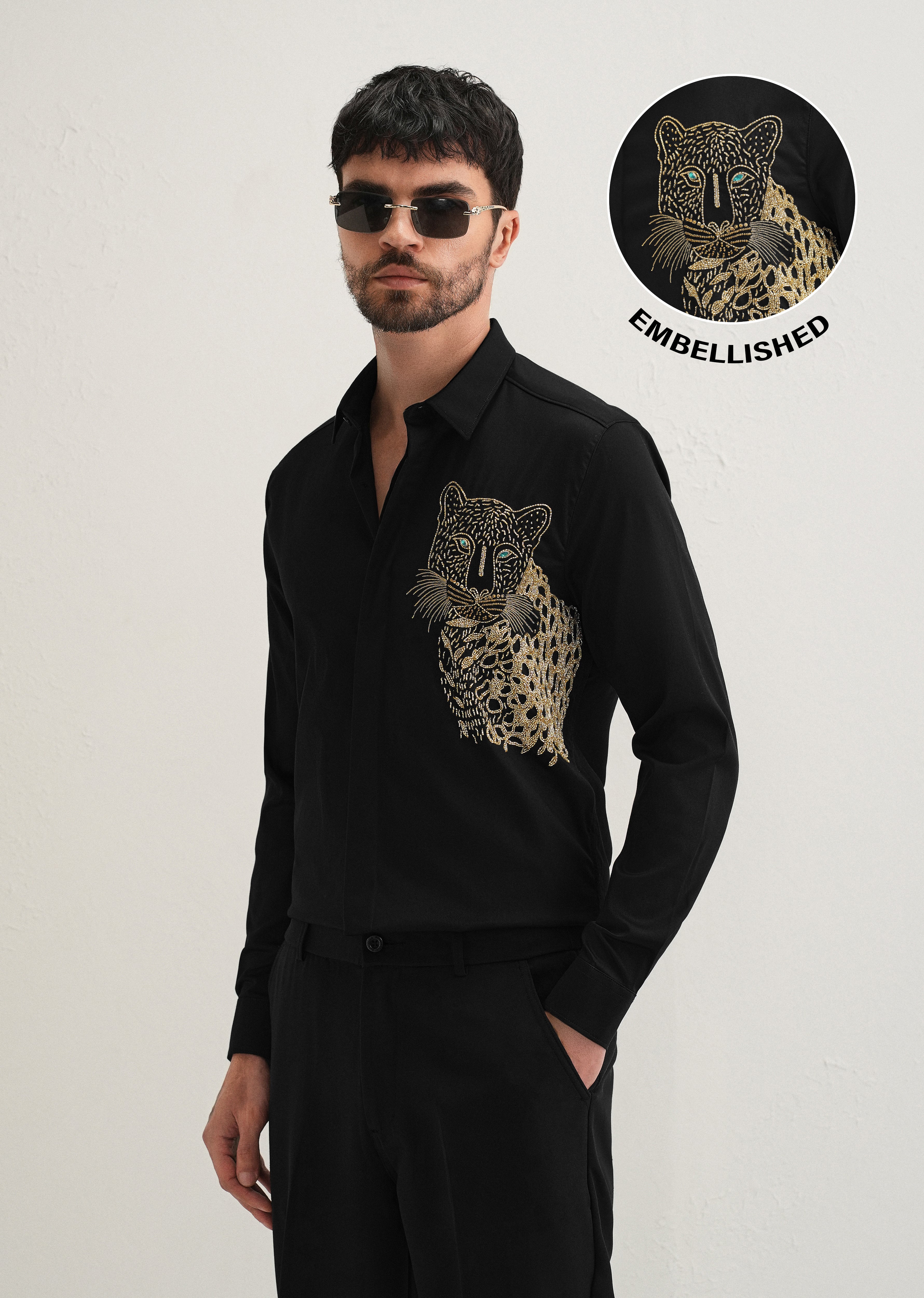 Black Cheetah Embellished Handwork Designer Shirt