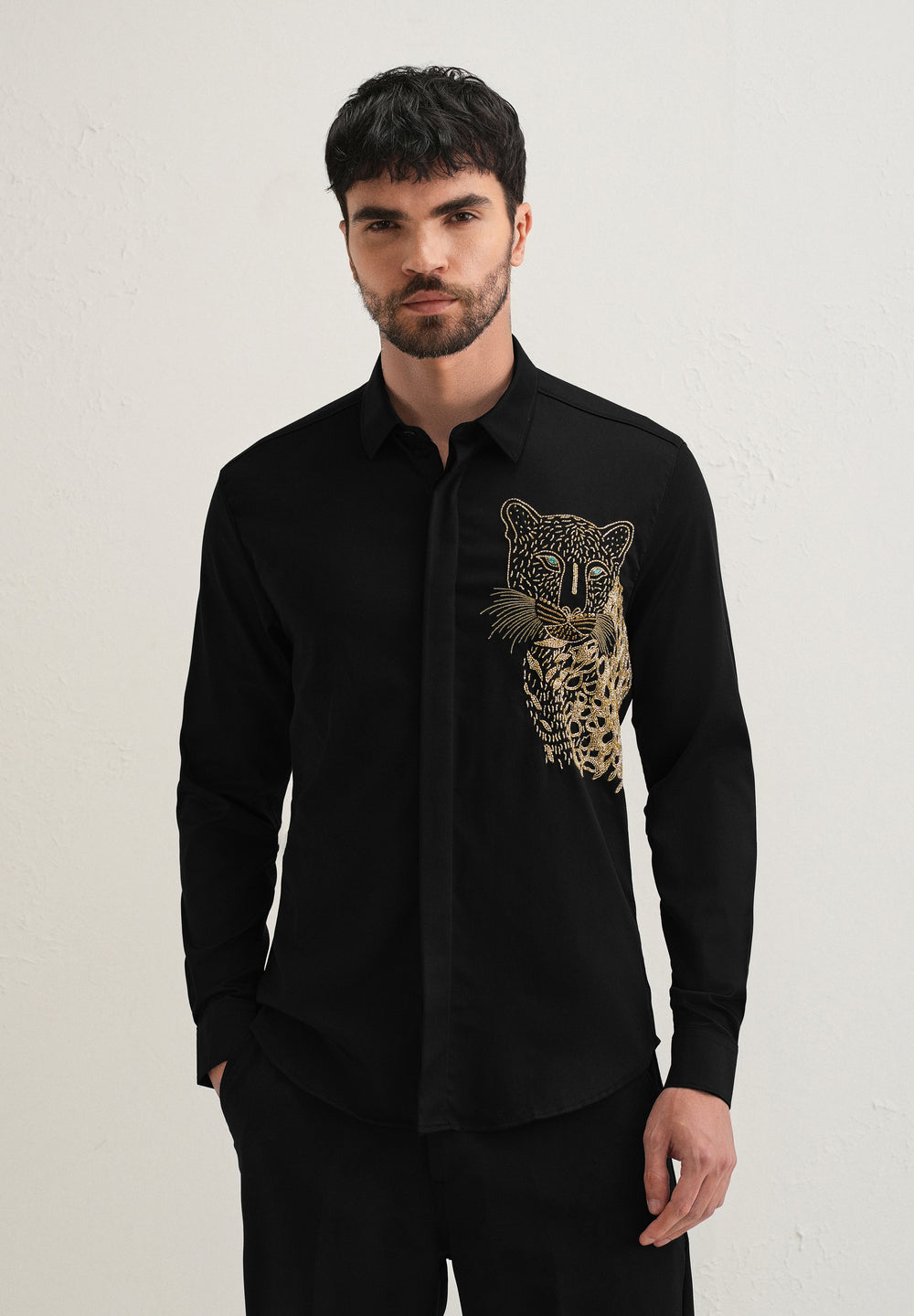 Black Cheetah Embellished Handwork Designer Shirt