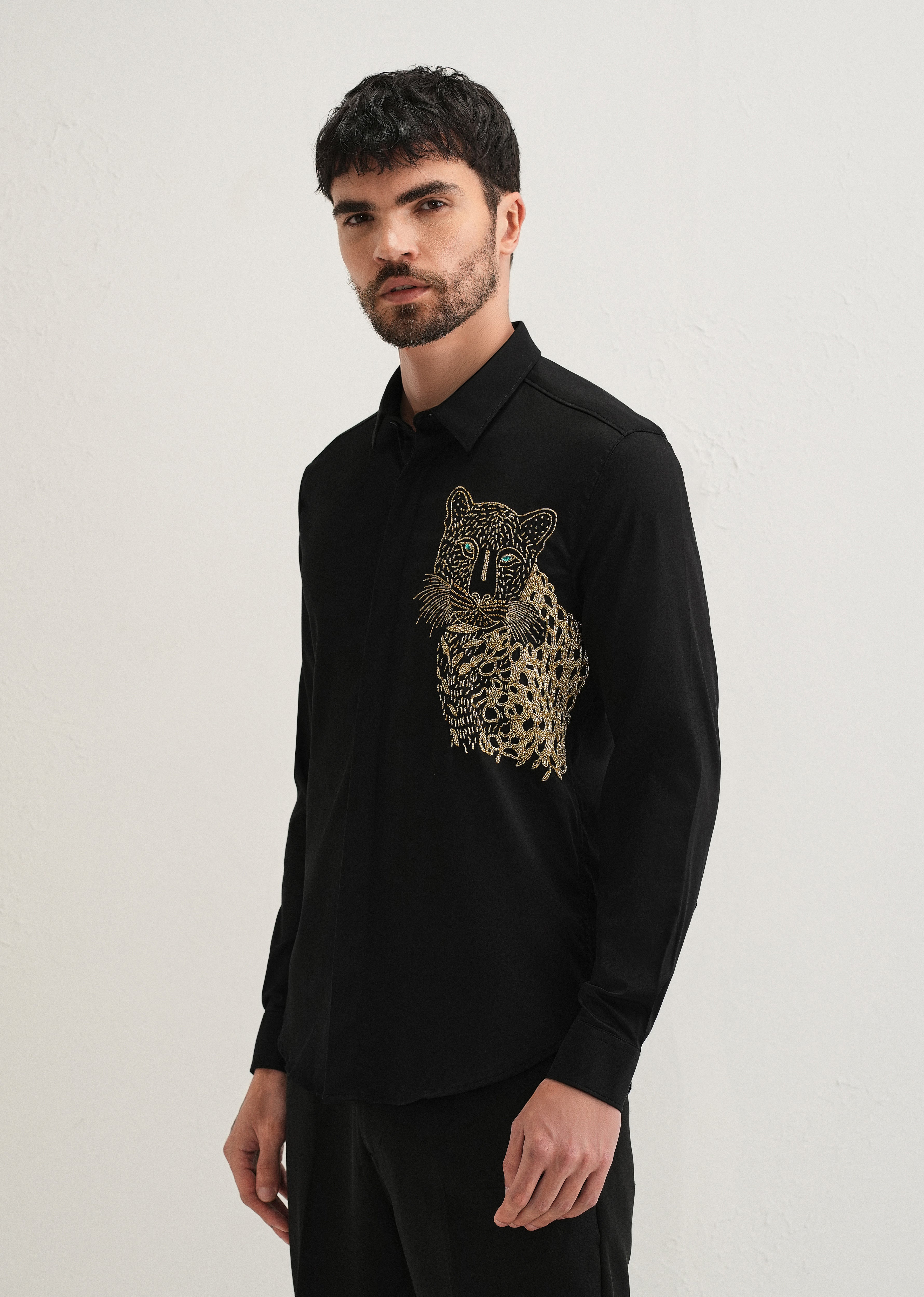 Black Cheetah Embellished Handwork Designer Shirt
