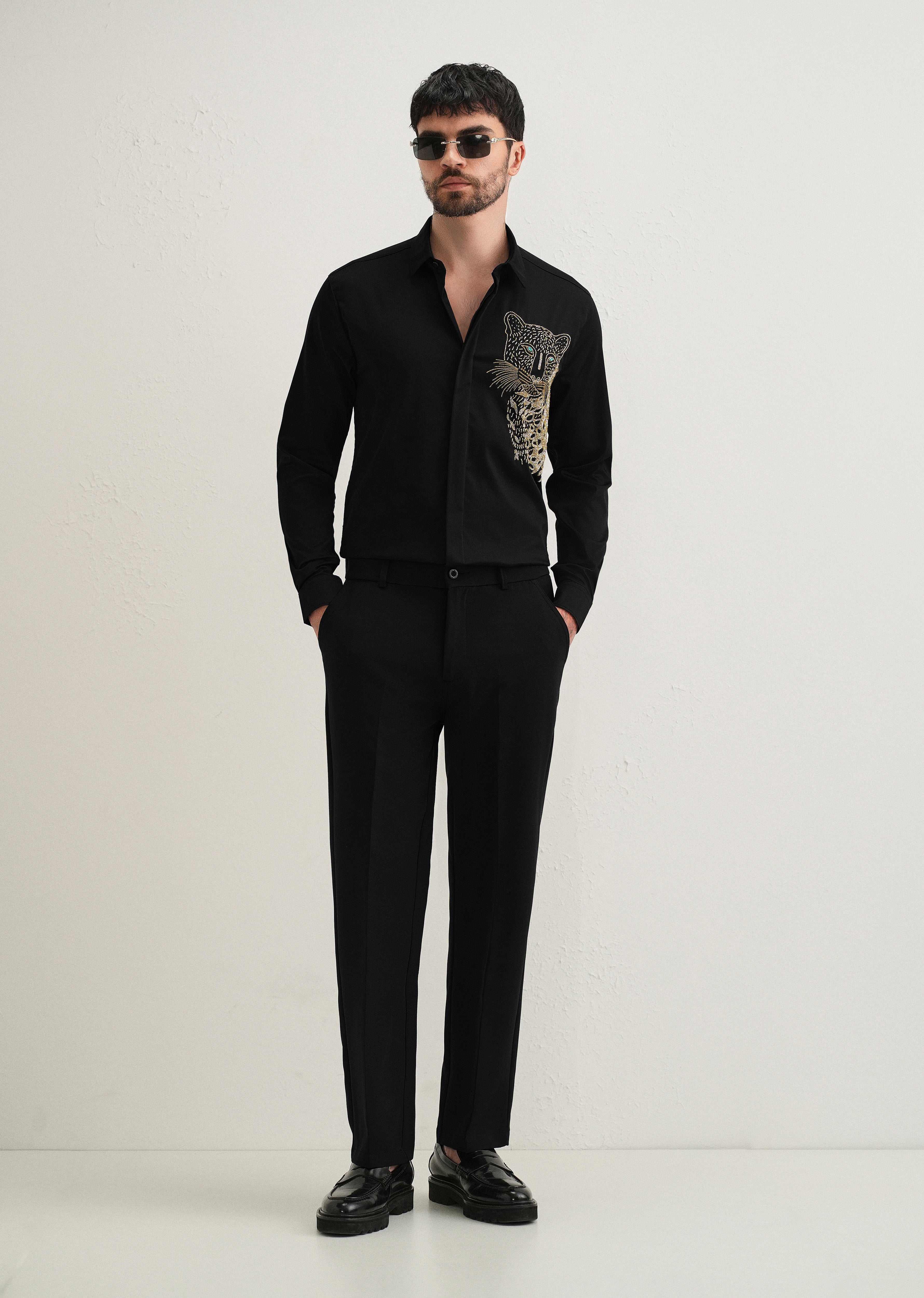 Black Cheetah Embellished Handwork Designer Shirt