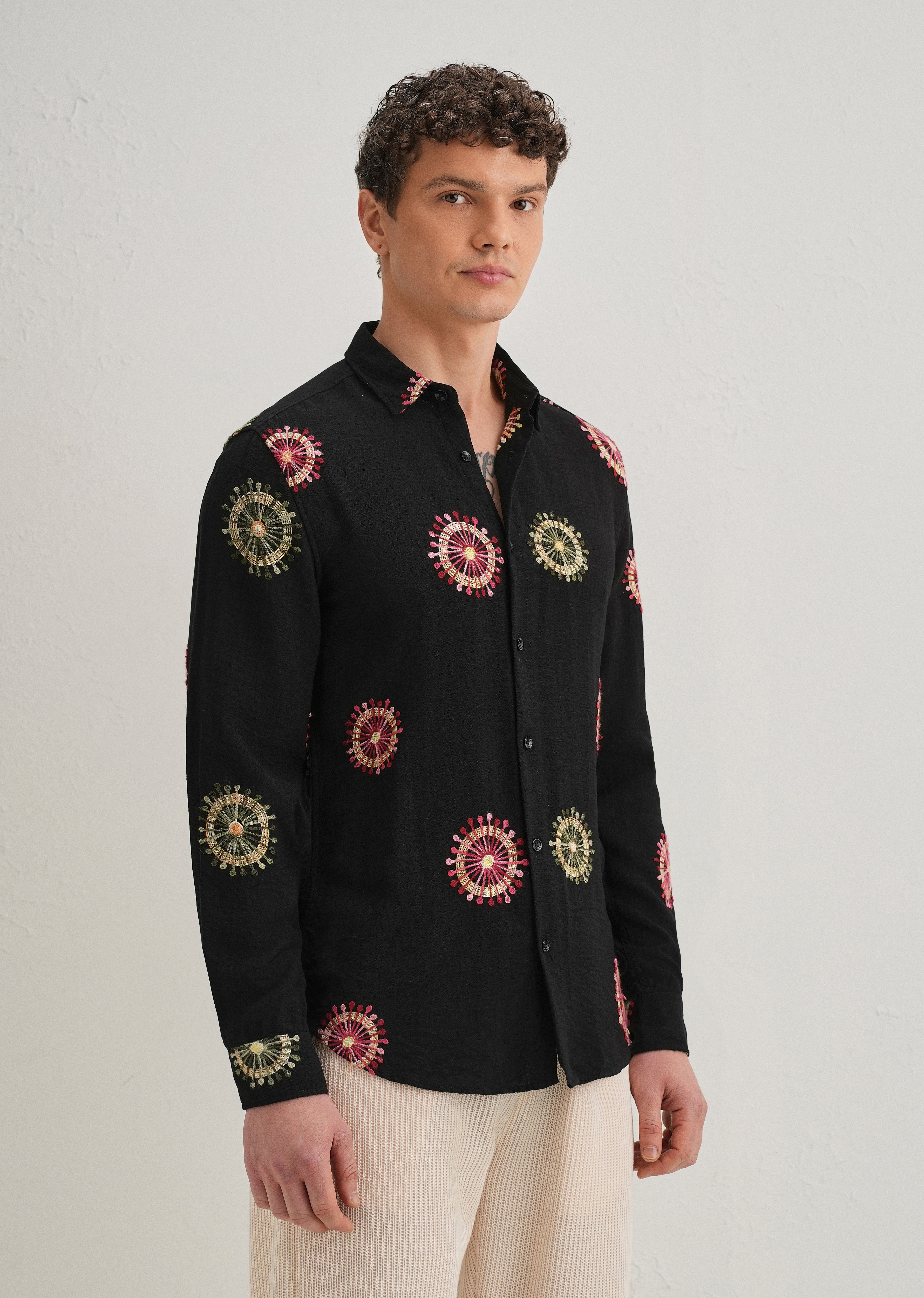 Black Circular Embroidery Shirt