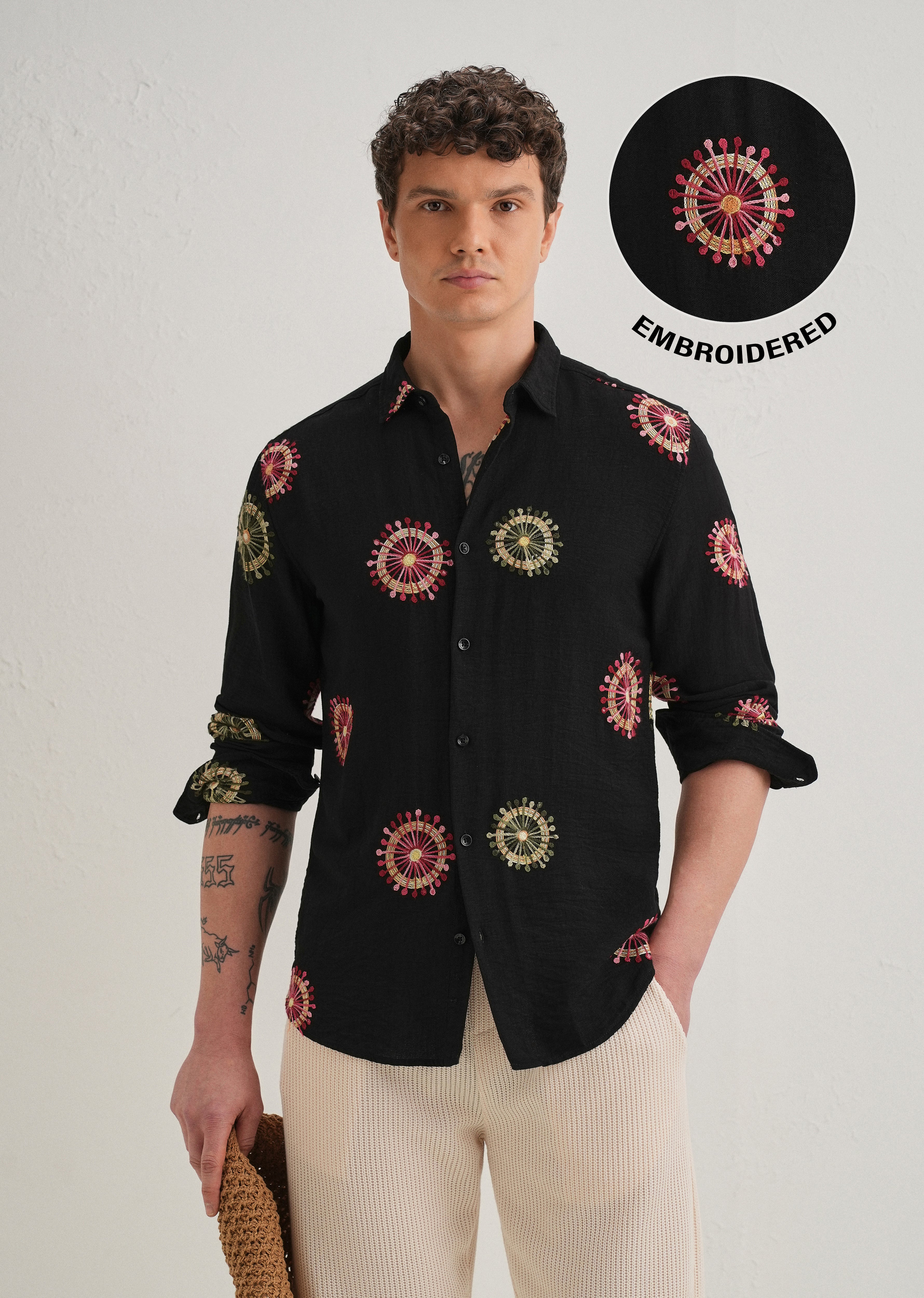 Black Circular Embroidery Shirt