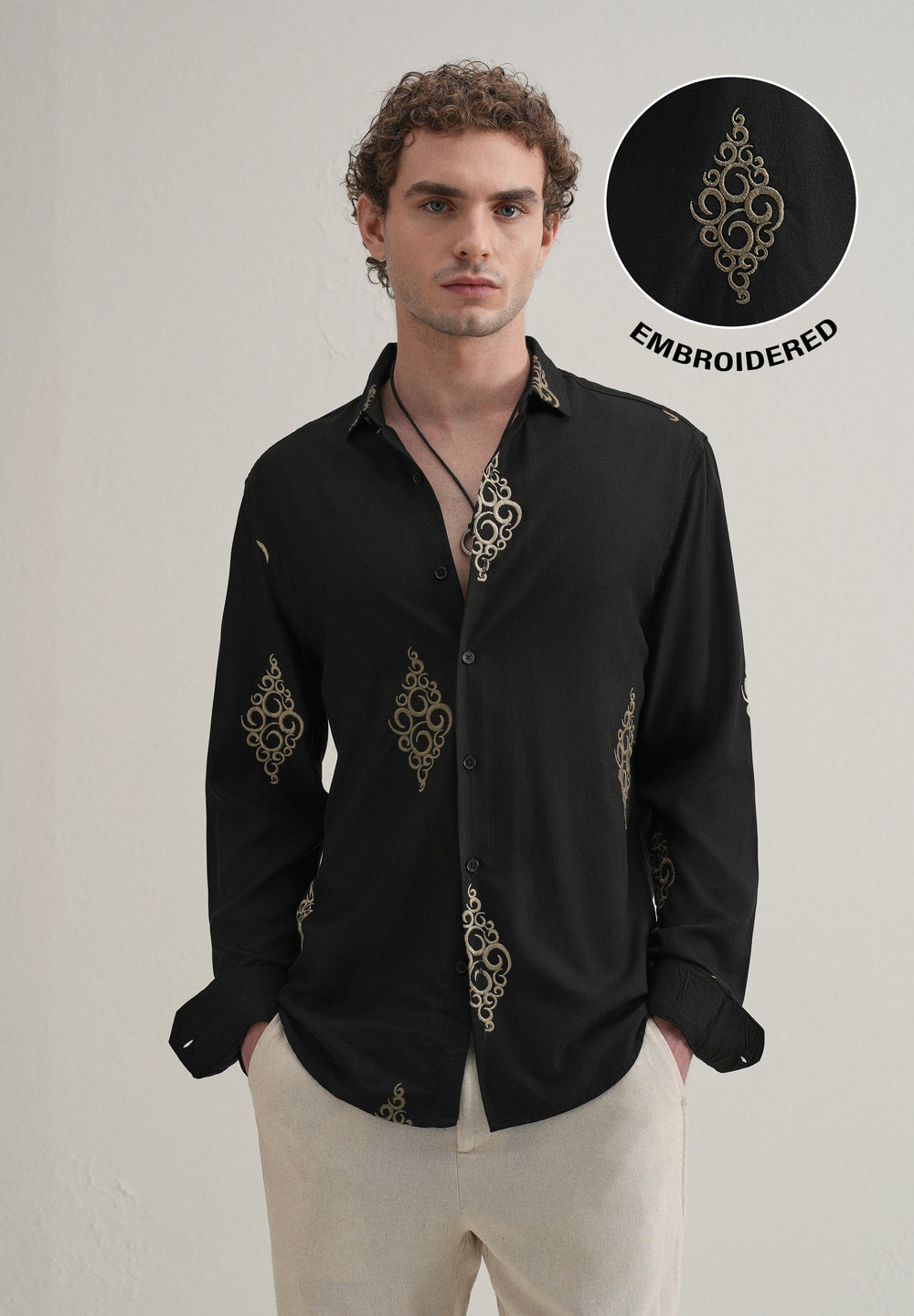 Black Circular Motif Embroidery Shirt