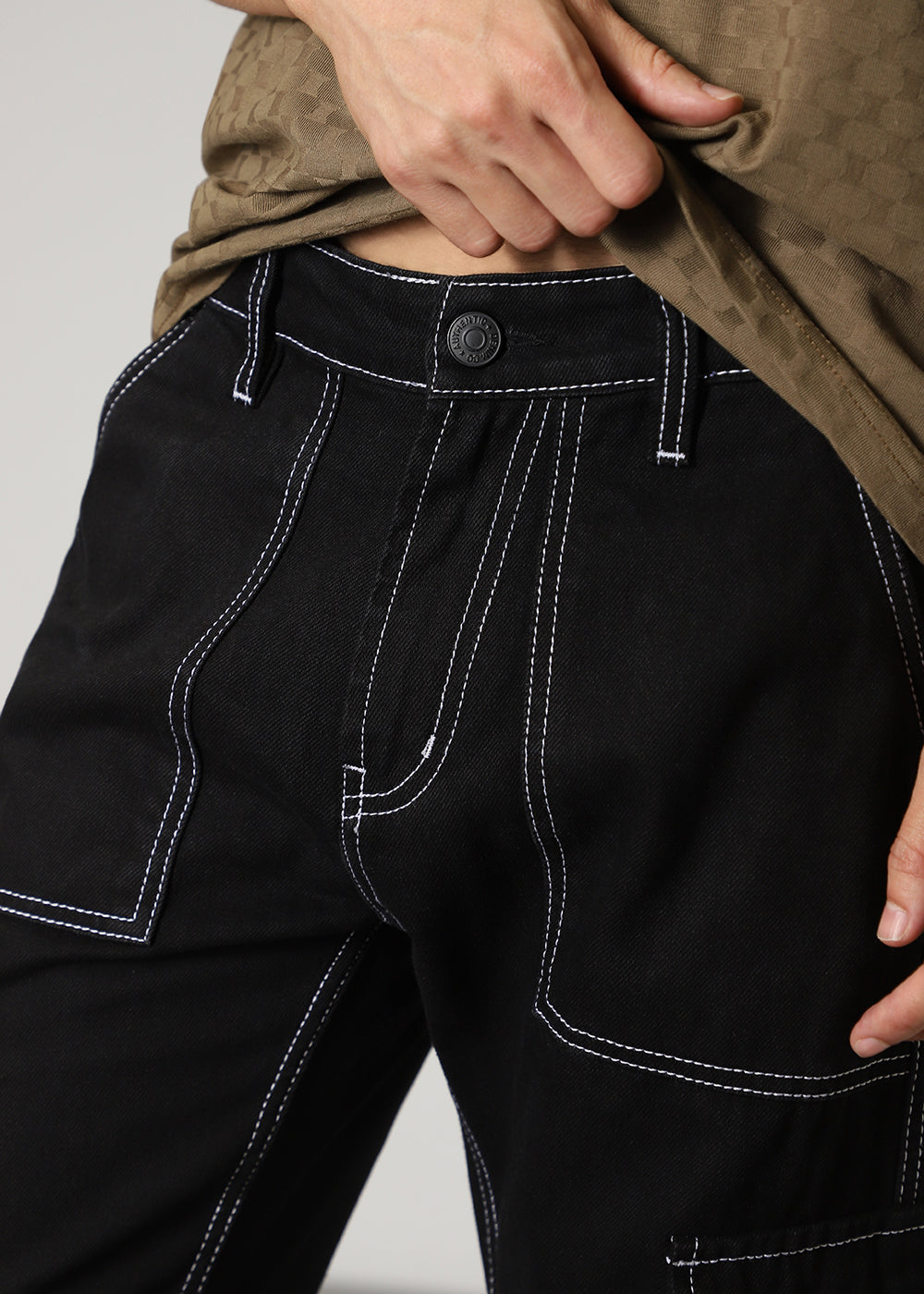 Black Contrast Stitched Denim Cargo