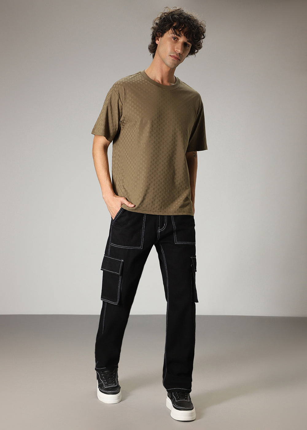 Black Contrast Stitched Denim Cargo