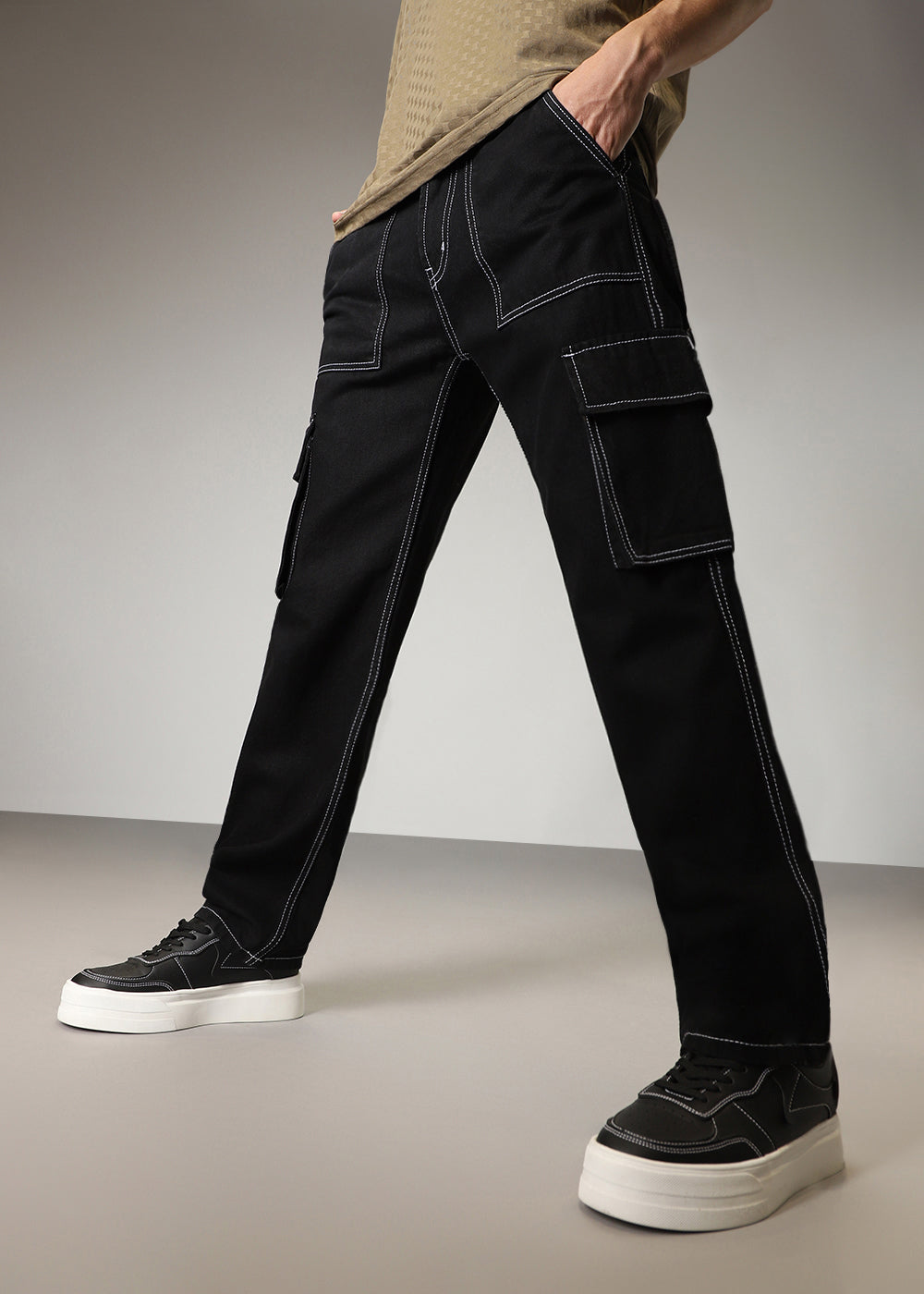 Black Contrast Stitched Denim Cargo