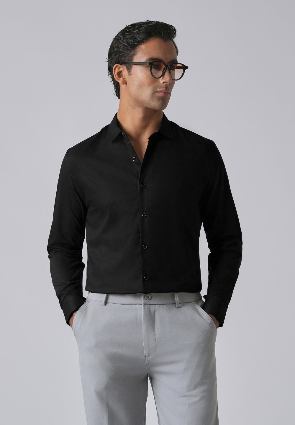 Black Cotton Stretch Plain Shirt