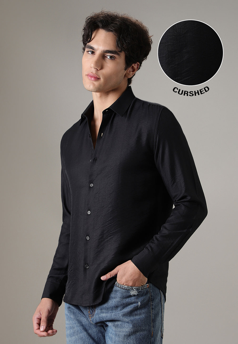 Black Plain Crushed Satin Shirt