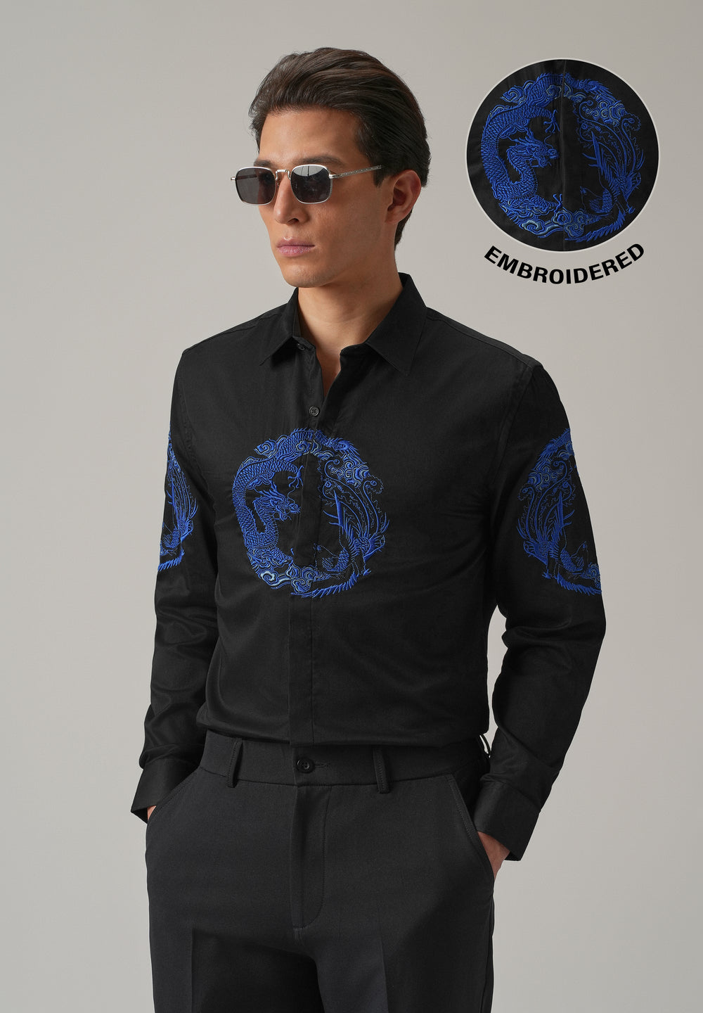 Black Dragon and Phoenix Embroidery Designer Shirt