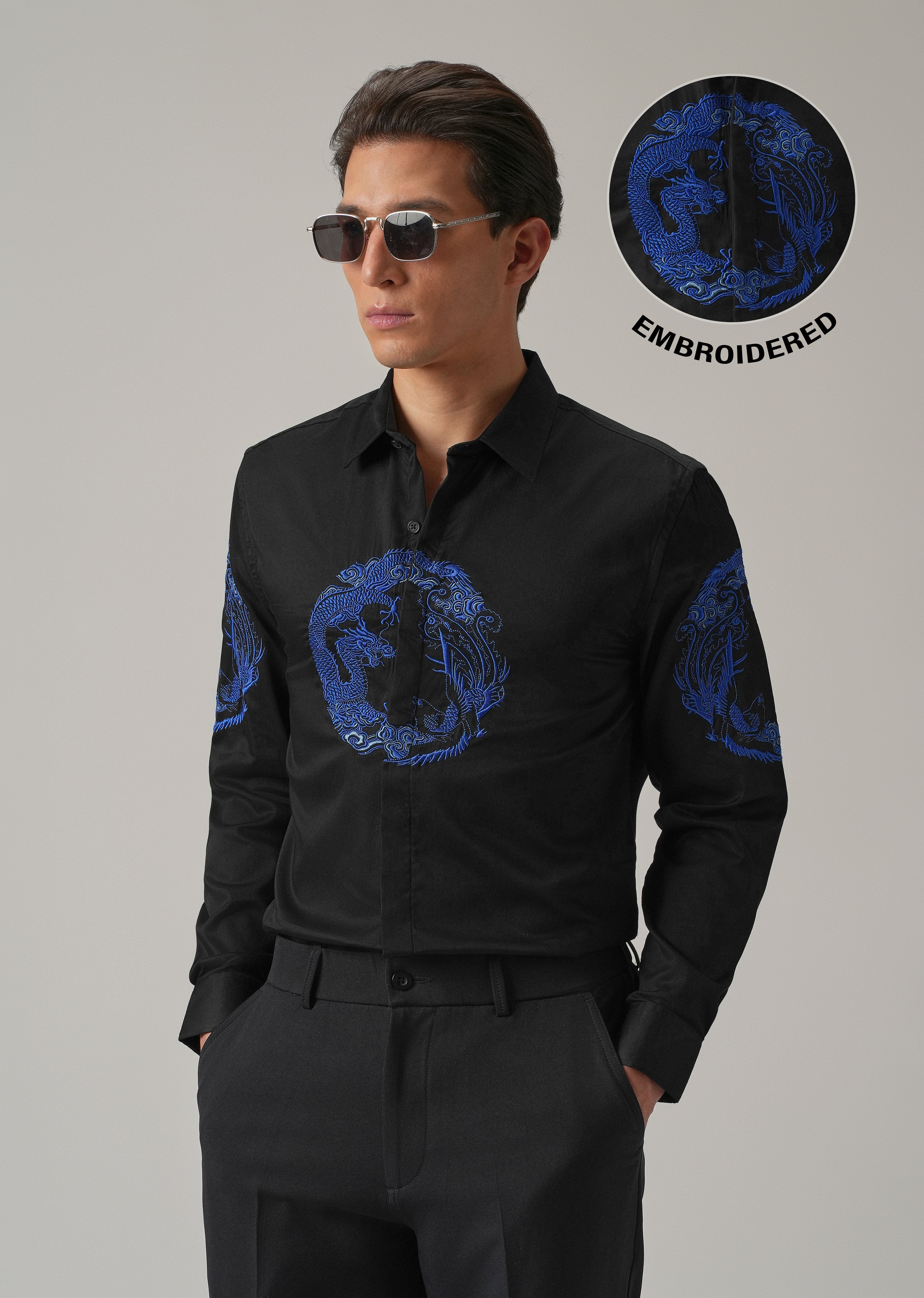 Black Dragon and Phoenix Embroidery Designer Shirt