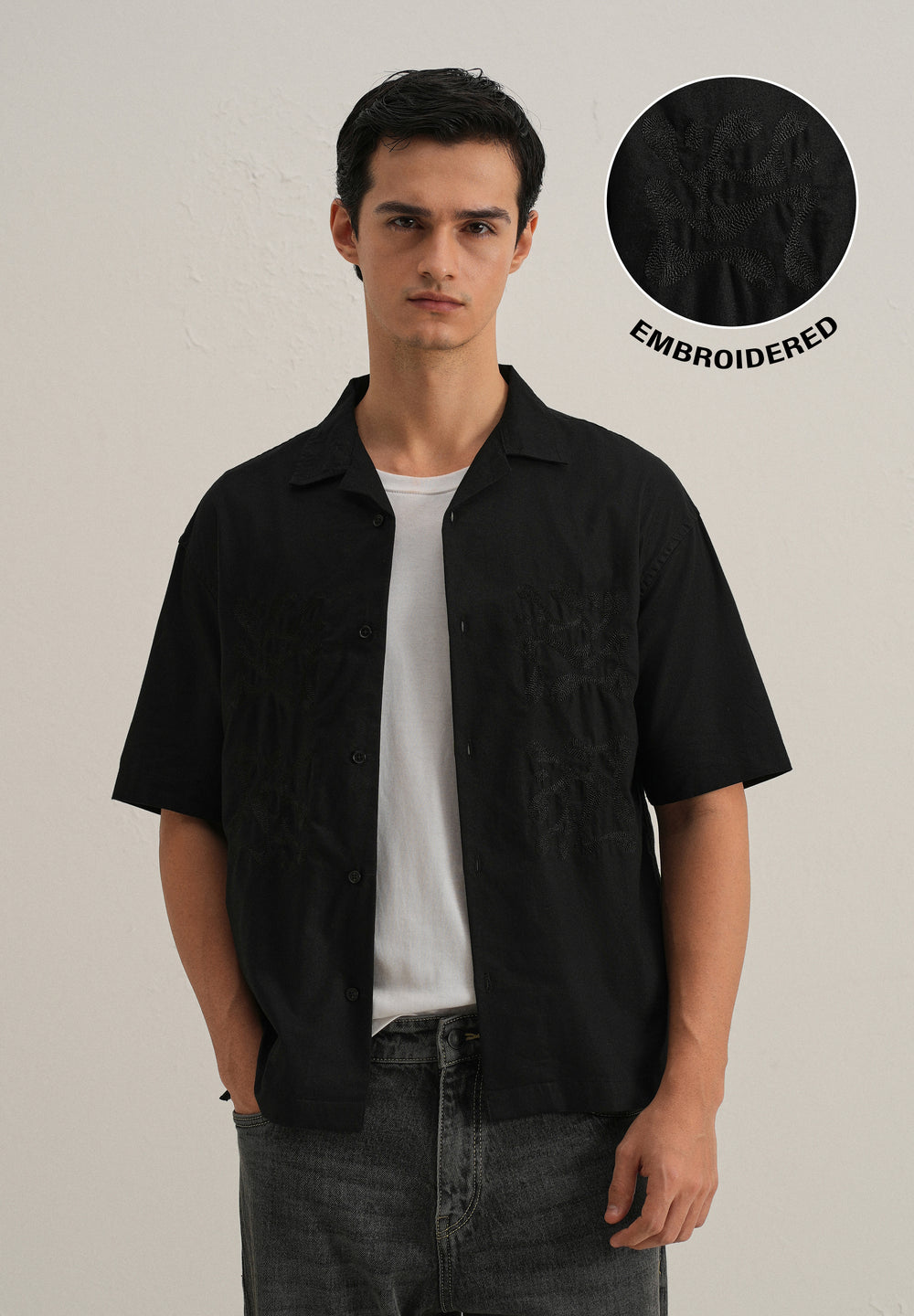 Black Embroidery Cuban Collar Cotton Shirt