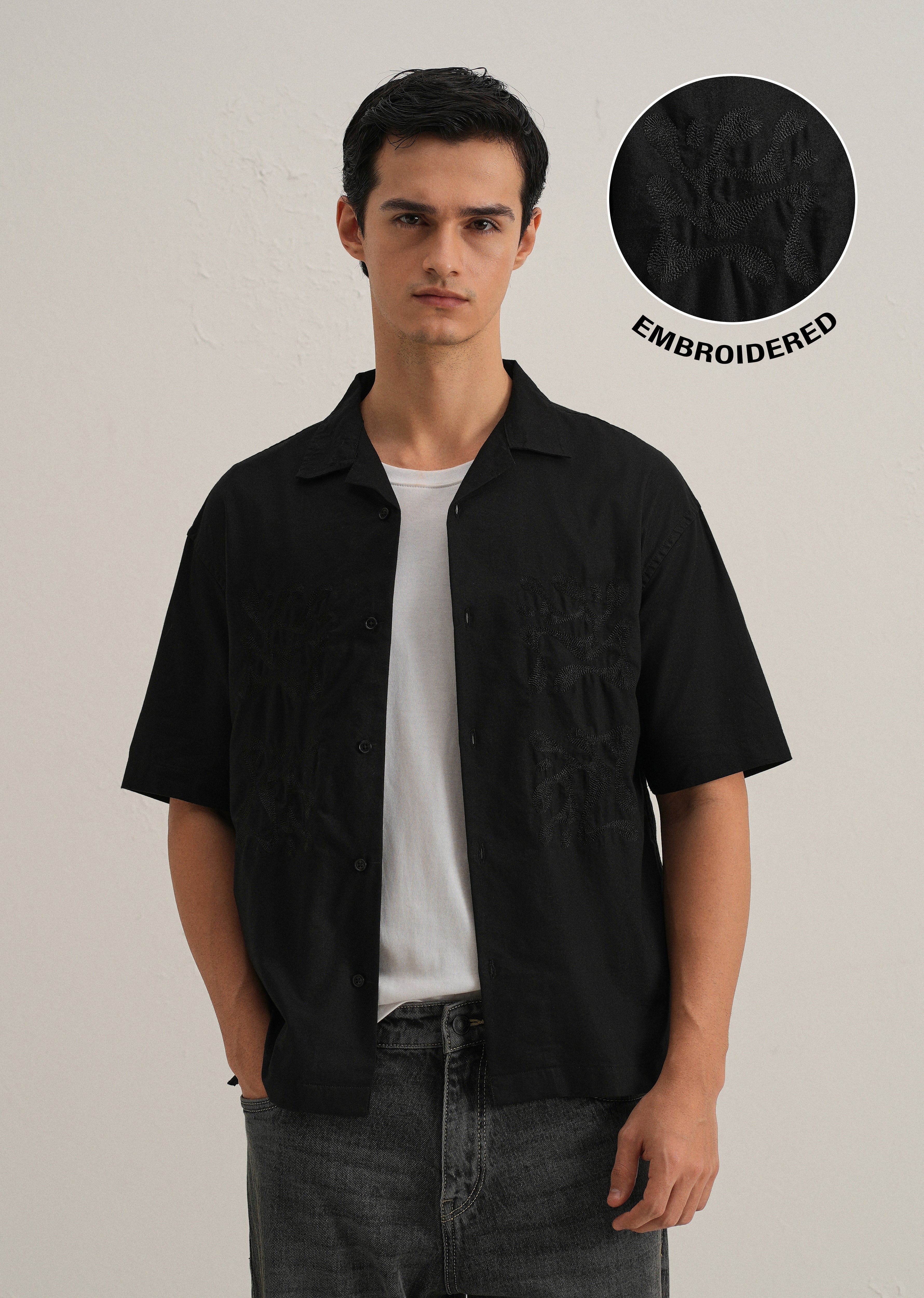 Black Embroidery Cuban Collar Cotton Shirt