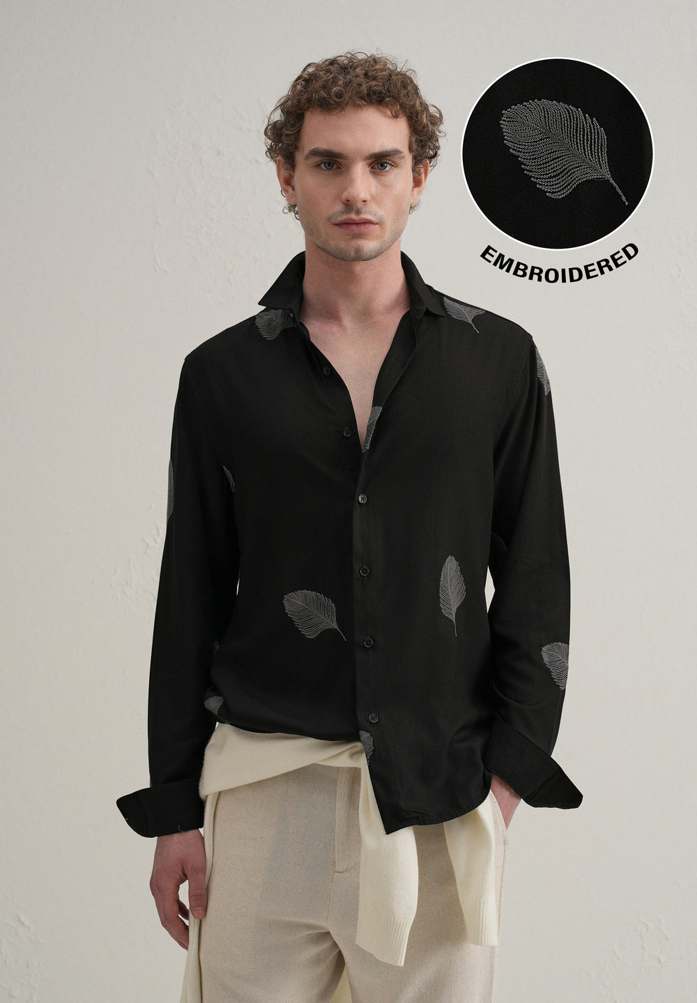 Black Feather Embroidery Shirt