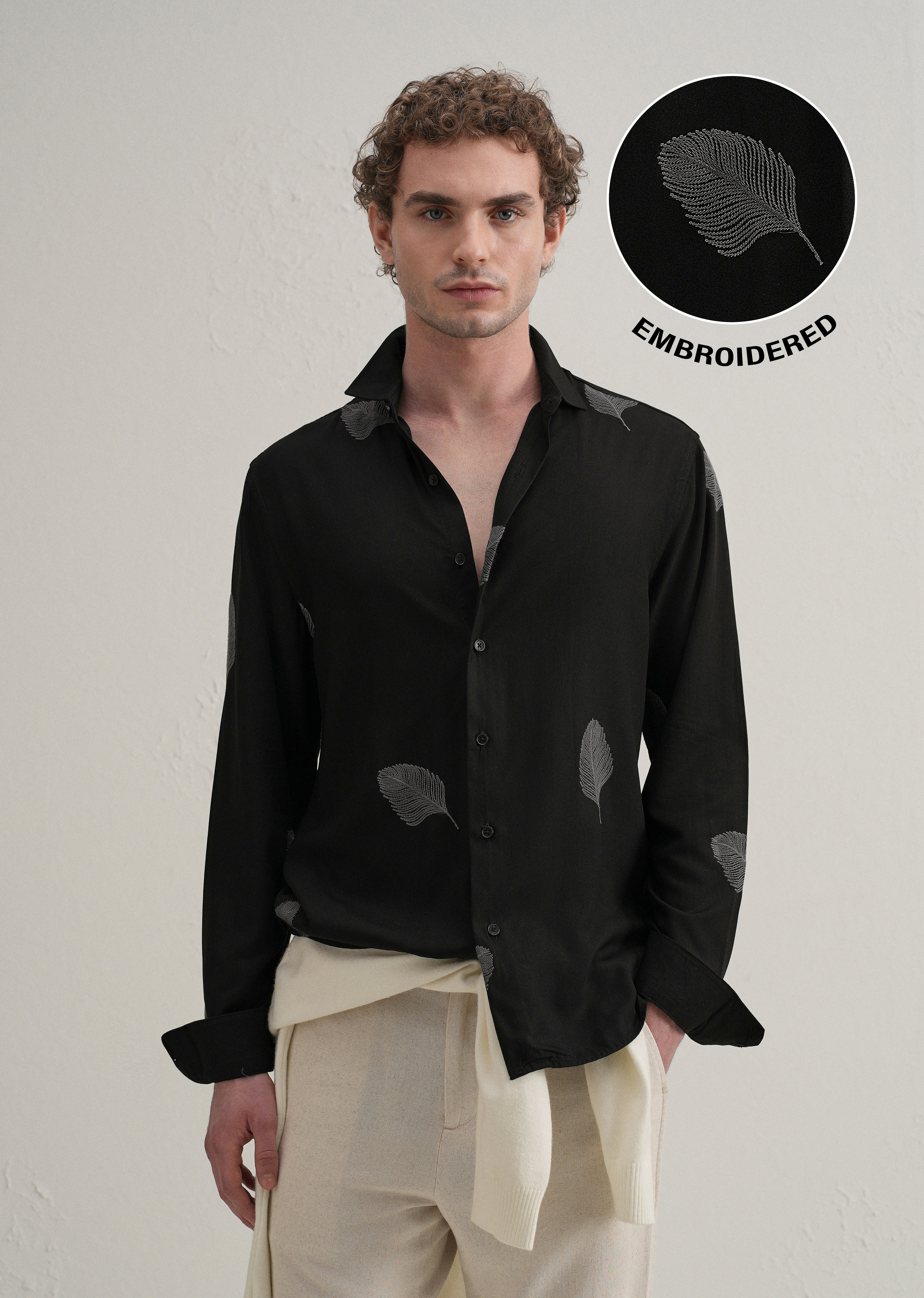 Black Feather Embroidery Shirt