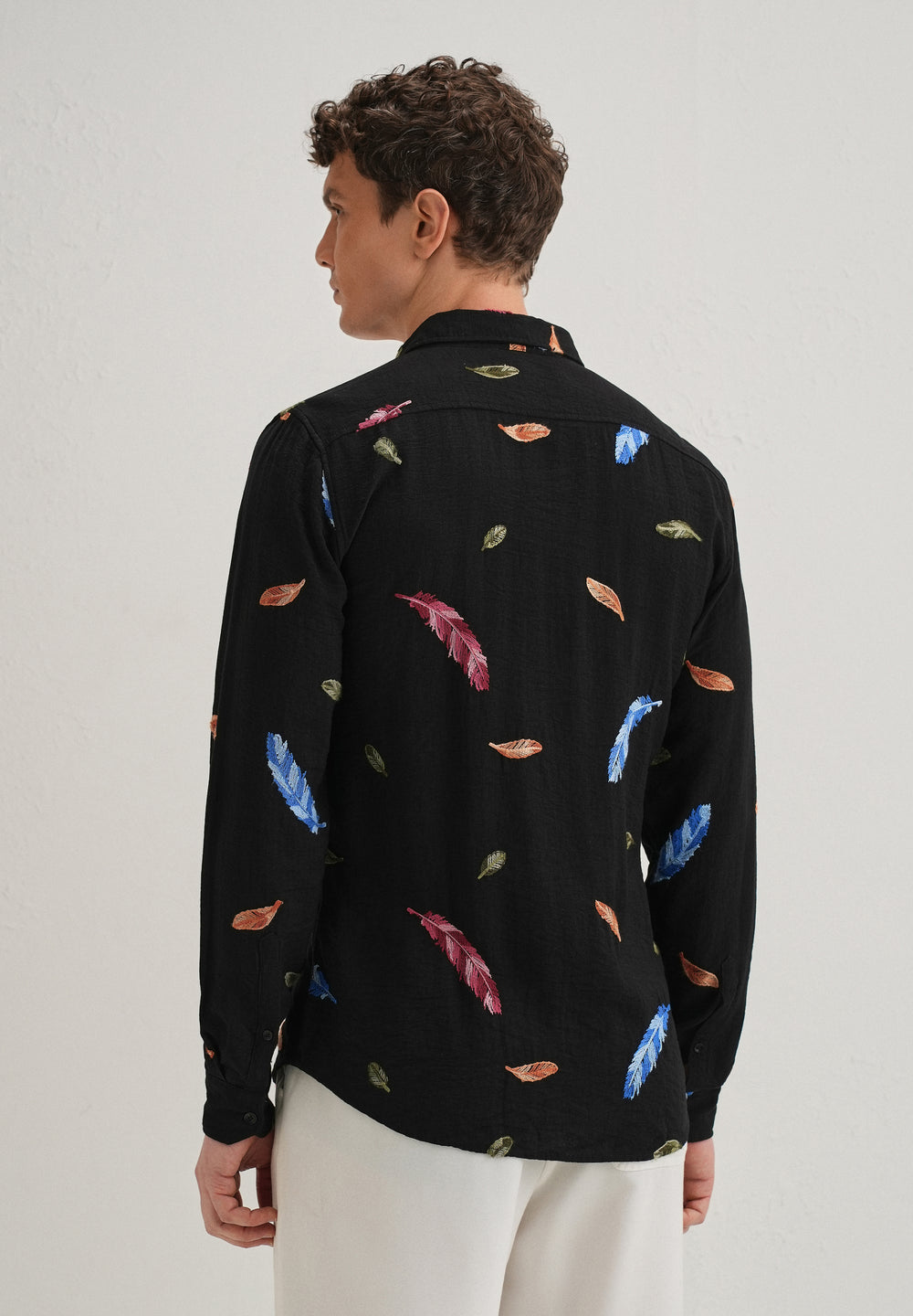 Black Feather Leaf Embroidery Shirt