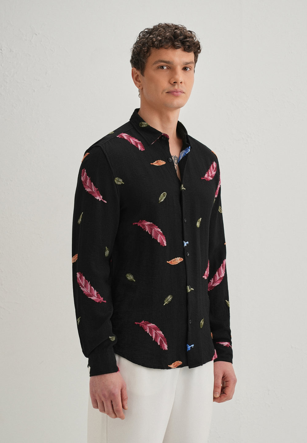 Black Feather Leaf Embroidery Shirt