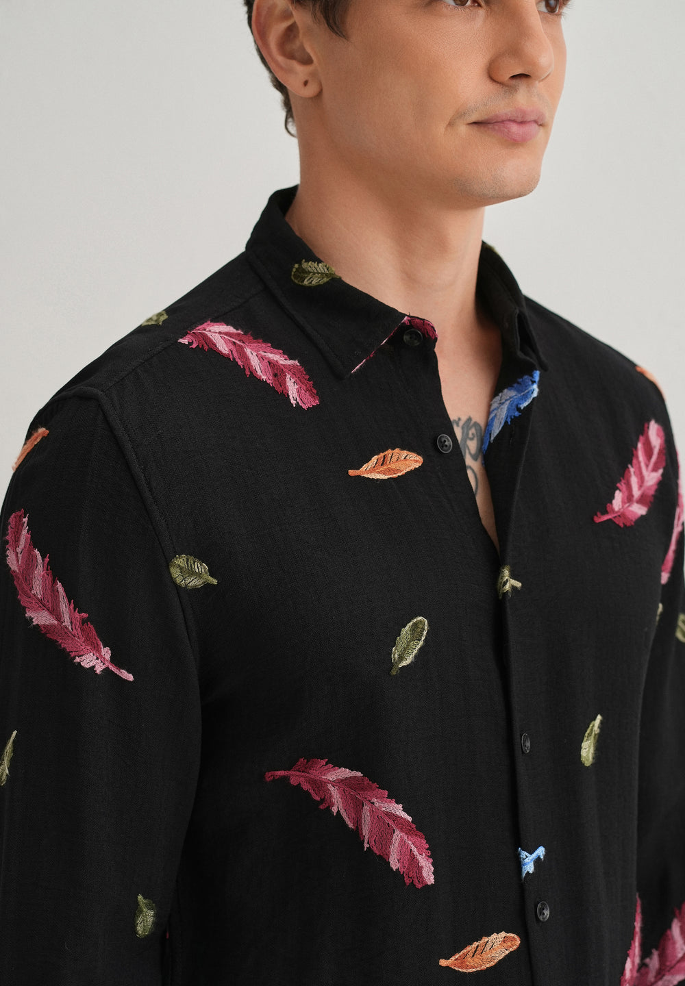 Black Feather Leaf Embroidery Shirt