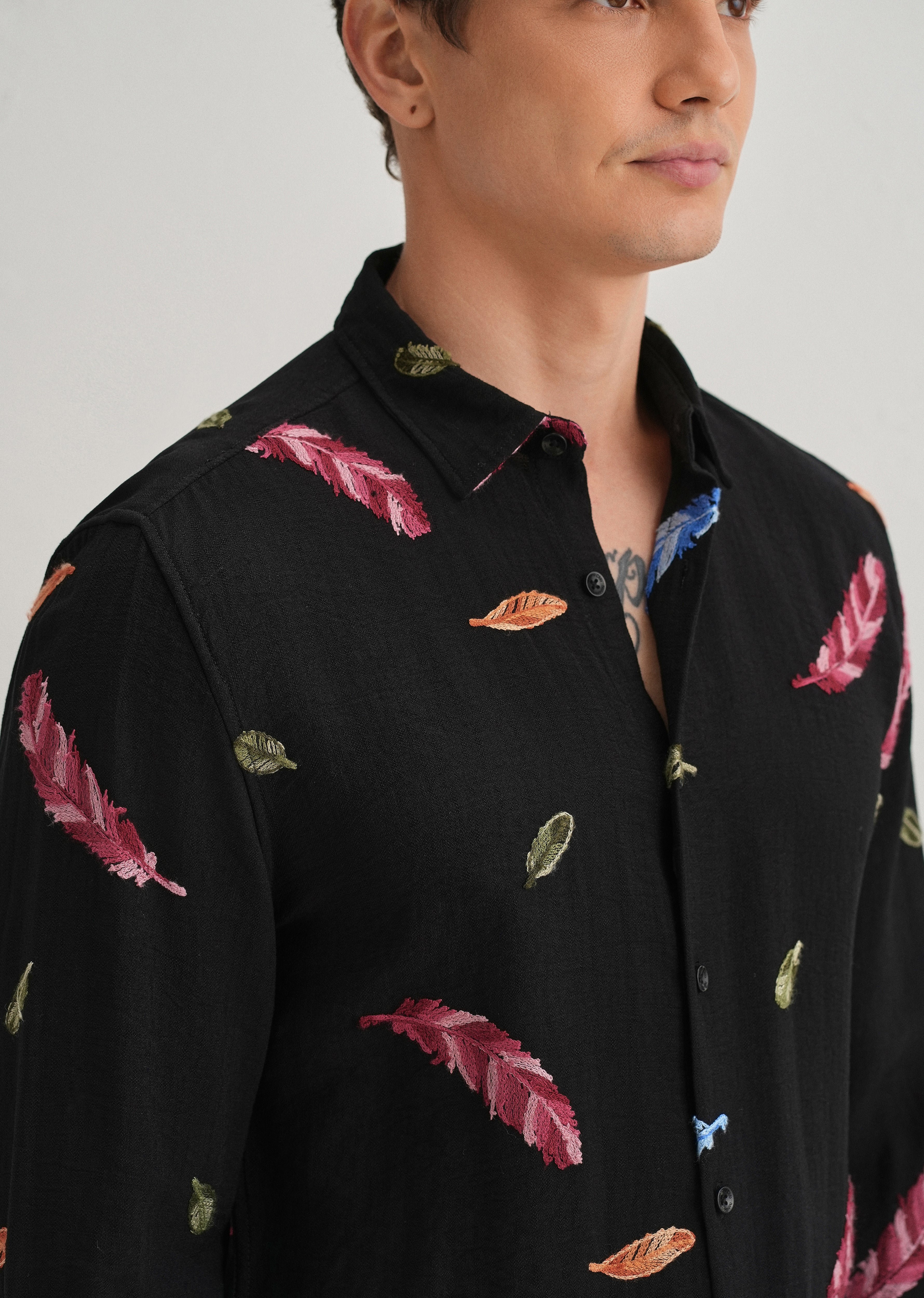 Black Feather Leaf Embroidery Shirt