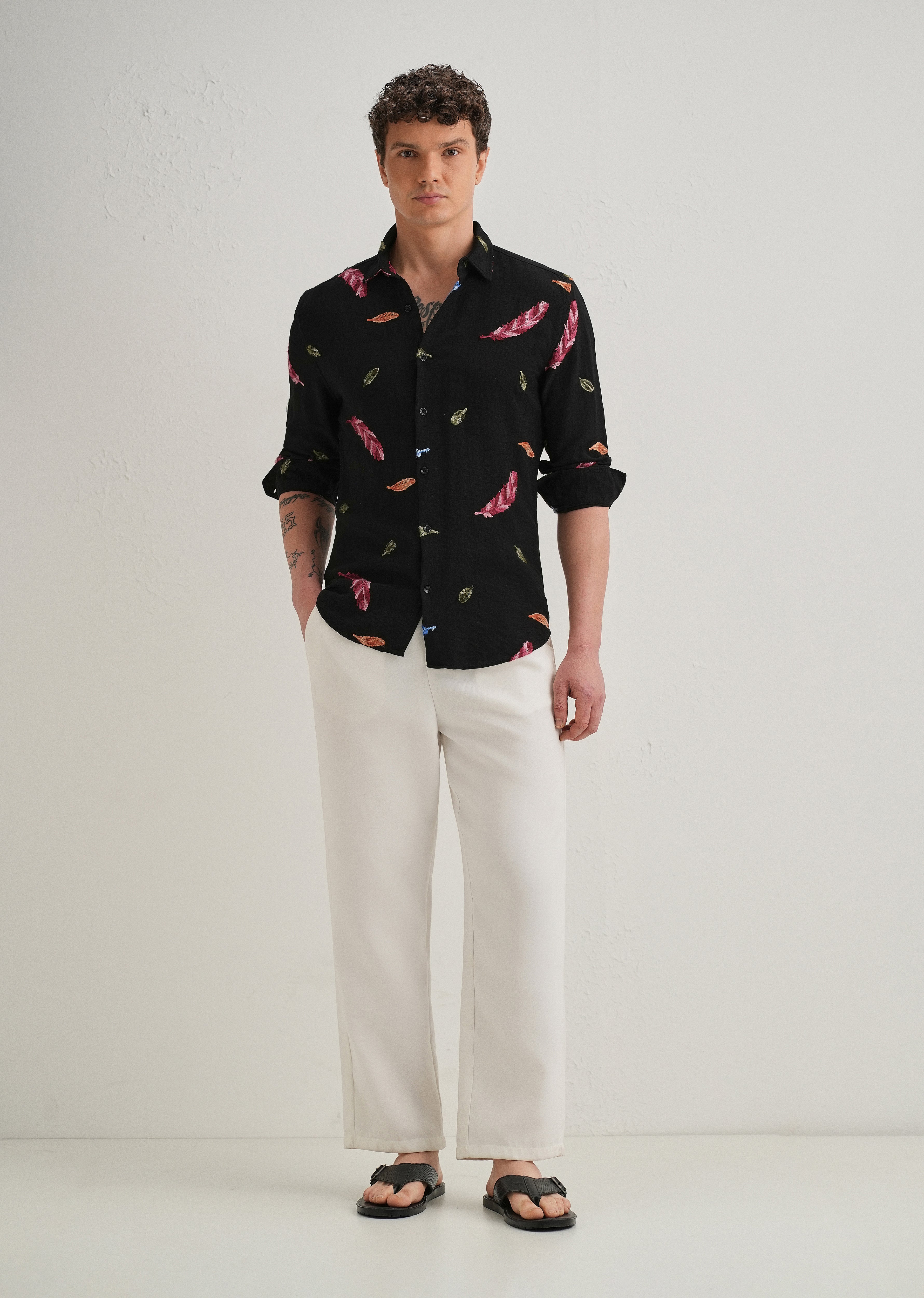 Black Feather Leaf Embroidery Shirt