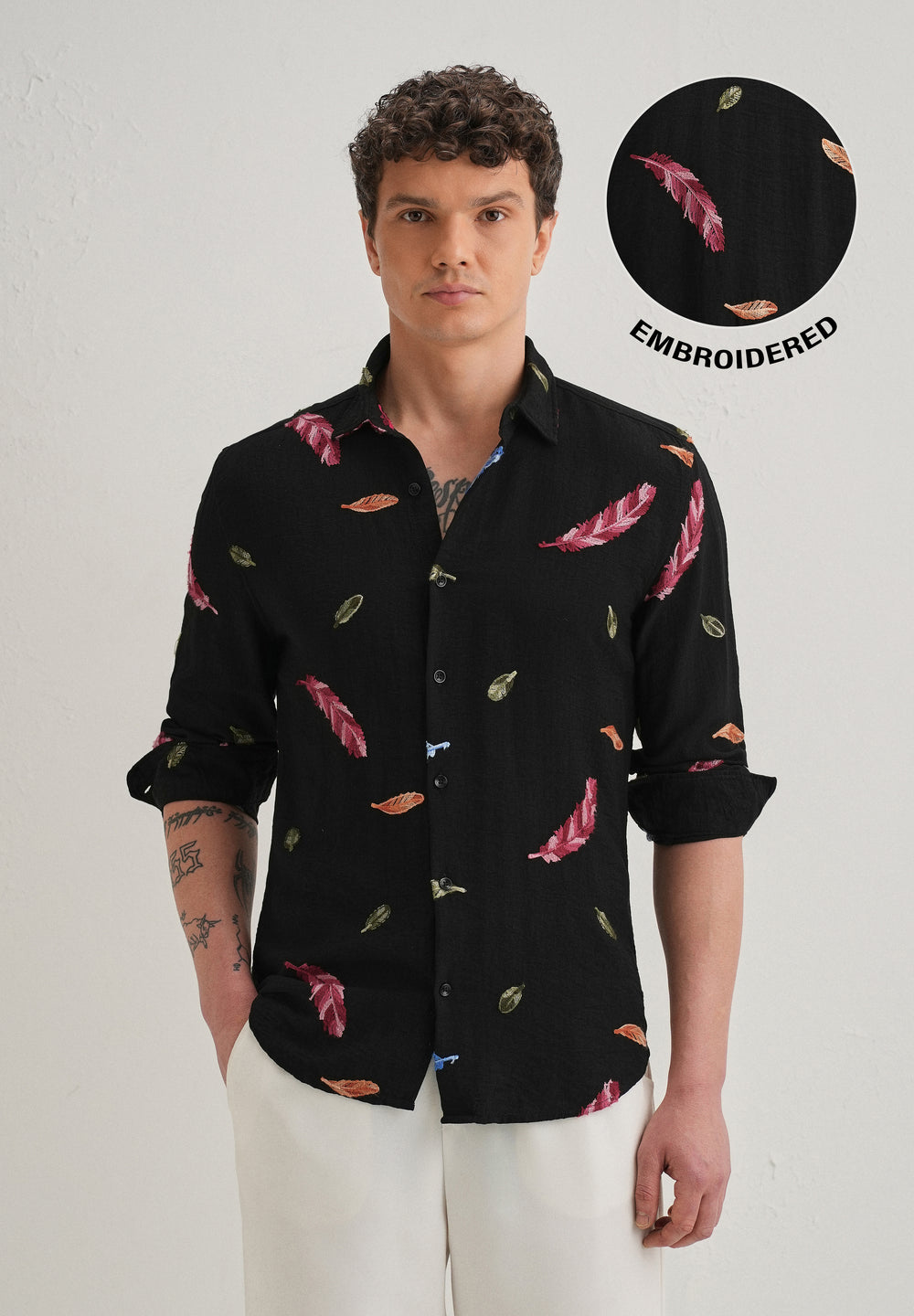Black Feather Leaf Embroidery Shirt