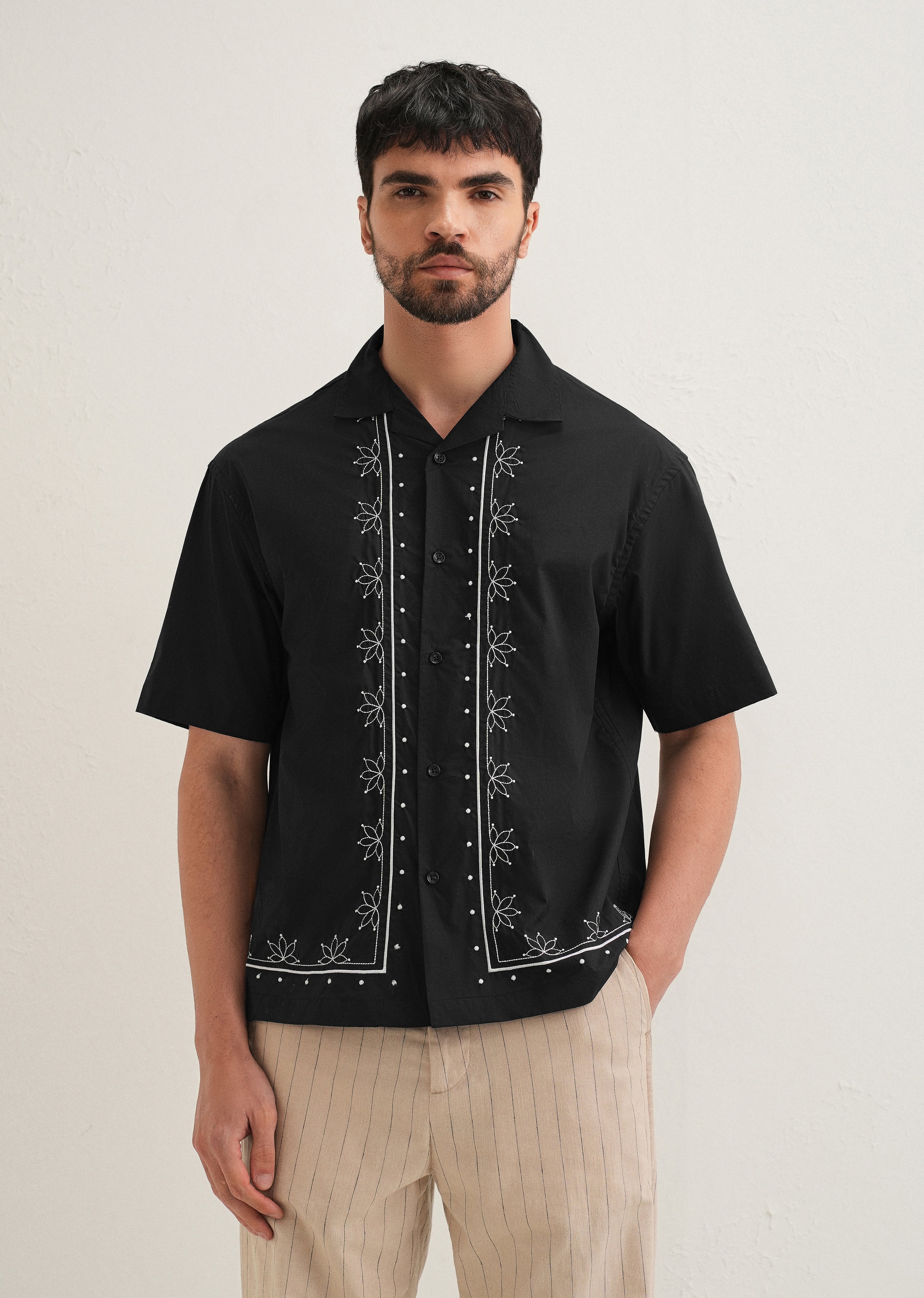Black Floral Embroidered Pure Cotton Shirt