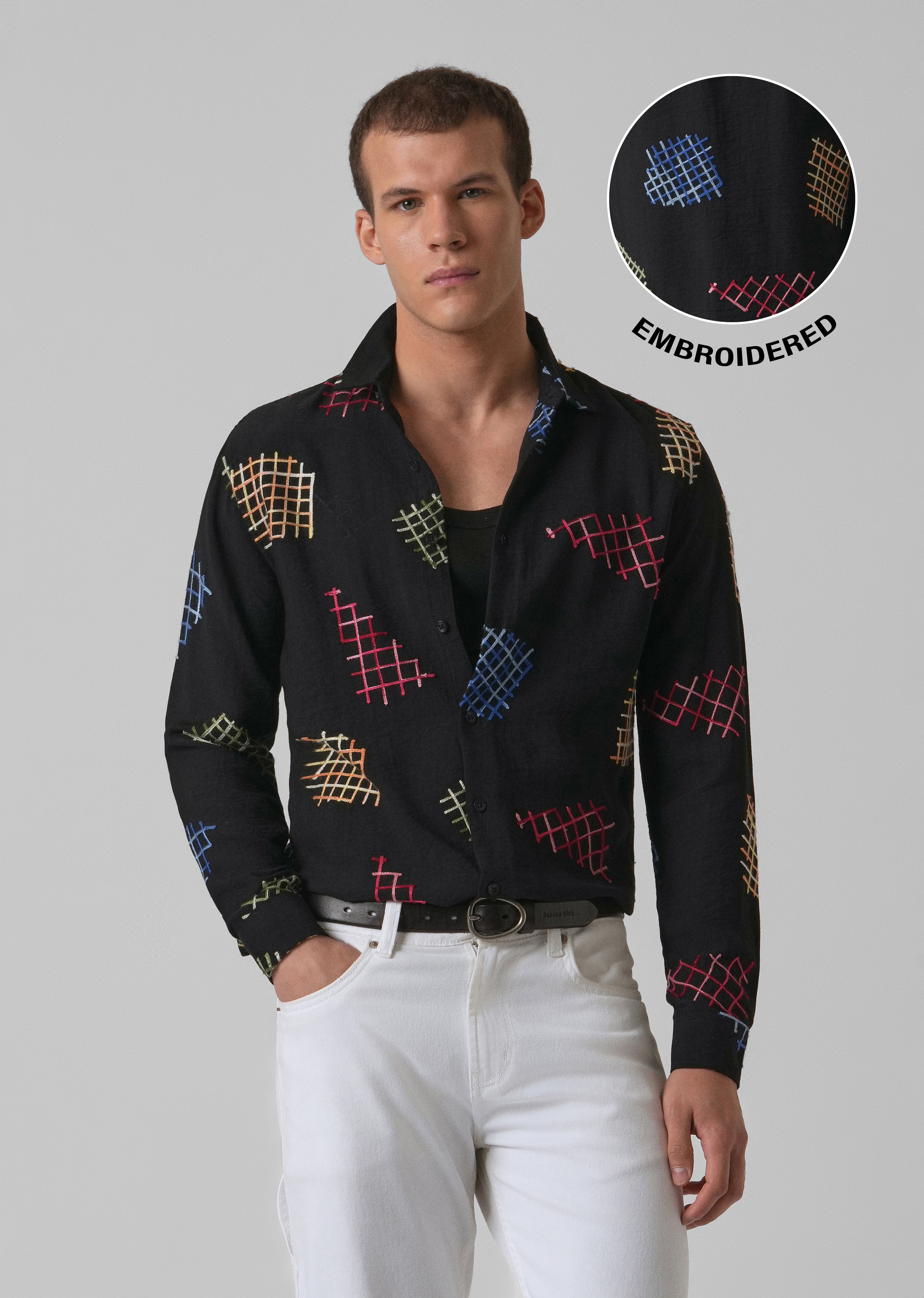 Black Geometric Embroidered Shirt