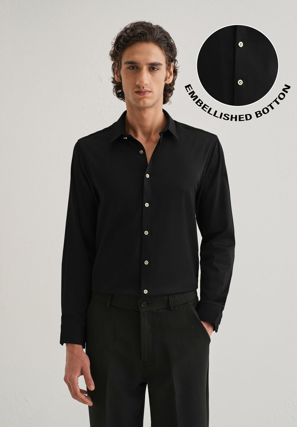 Black Glossy Gold Embellished Button Shirt