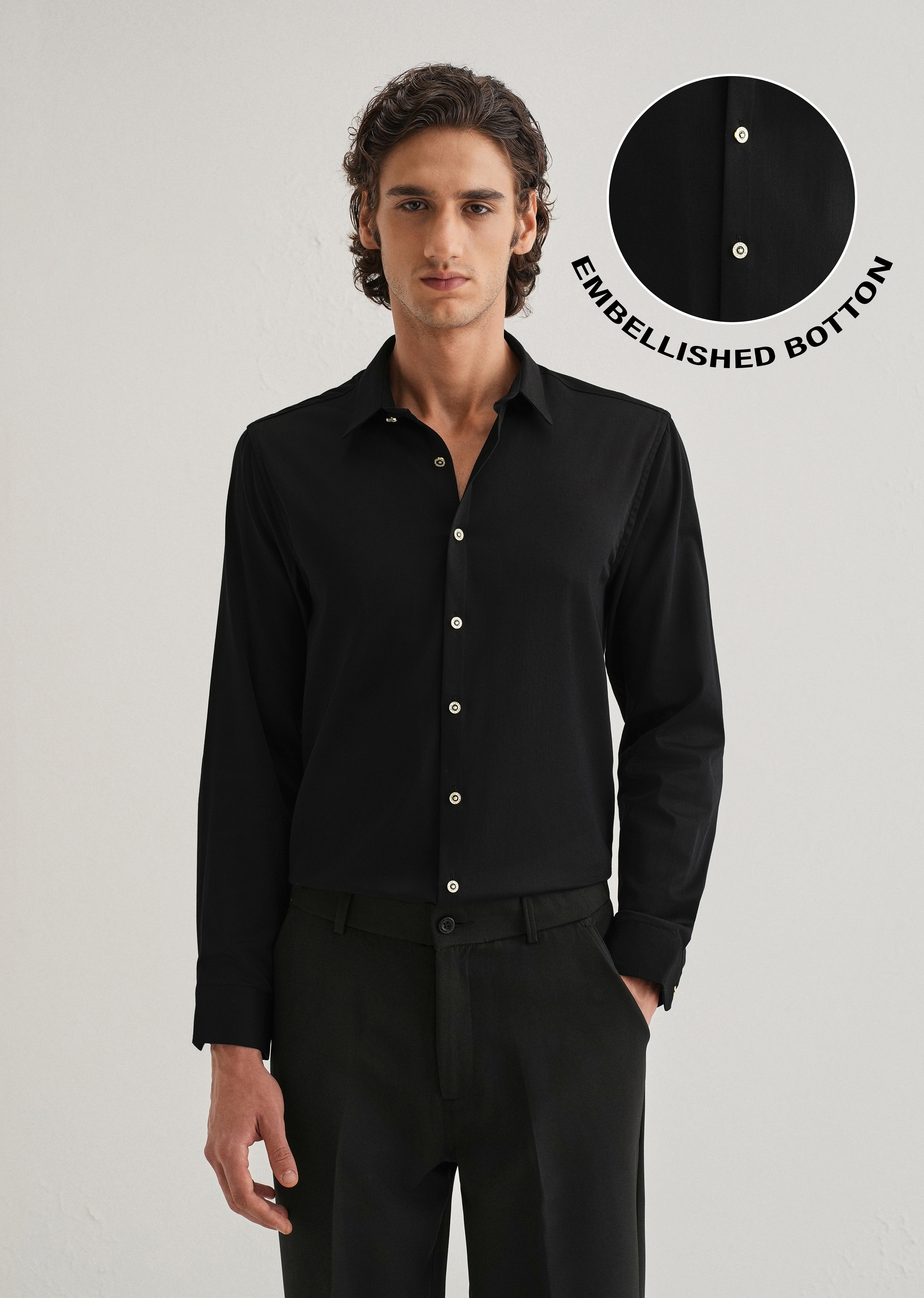 Black Glossy Gold Embellished Button Shirt