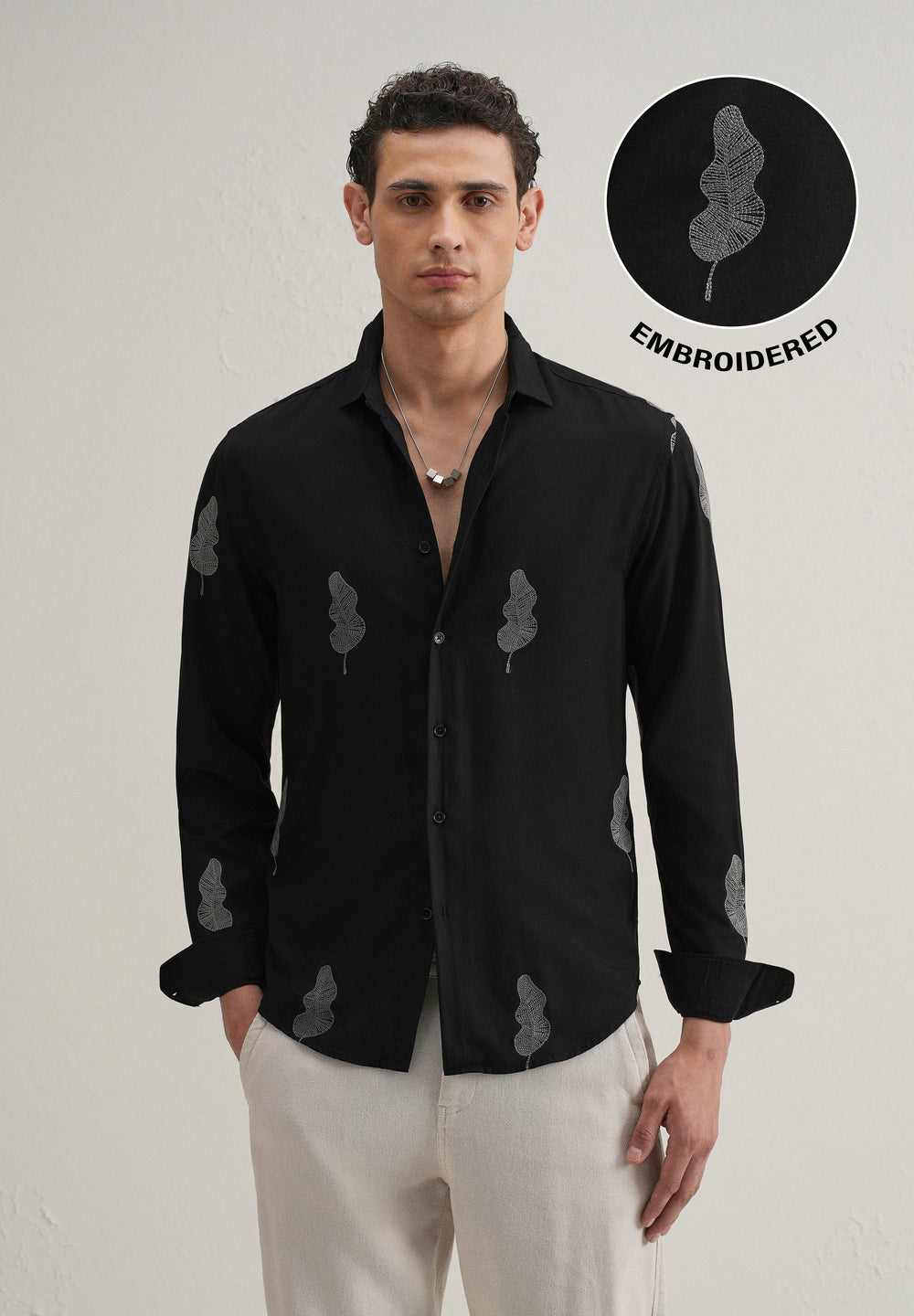 Black Grey Leaf Motif Embroidery Shirt