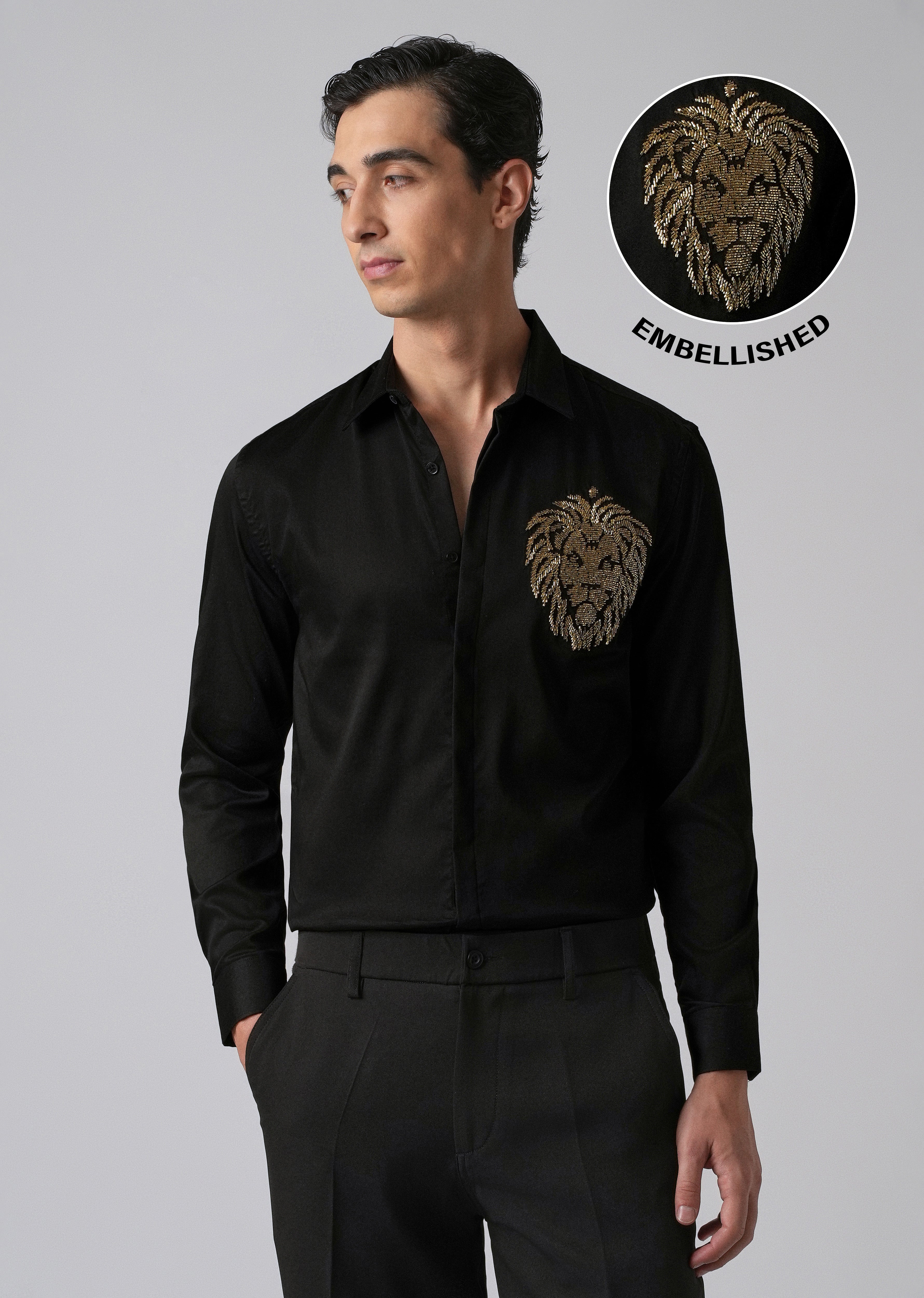 Black Handcrafted Lion Embroidery Designer Shirt