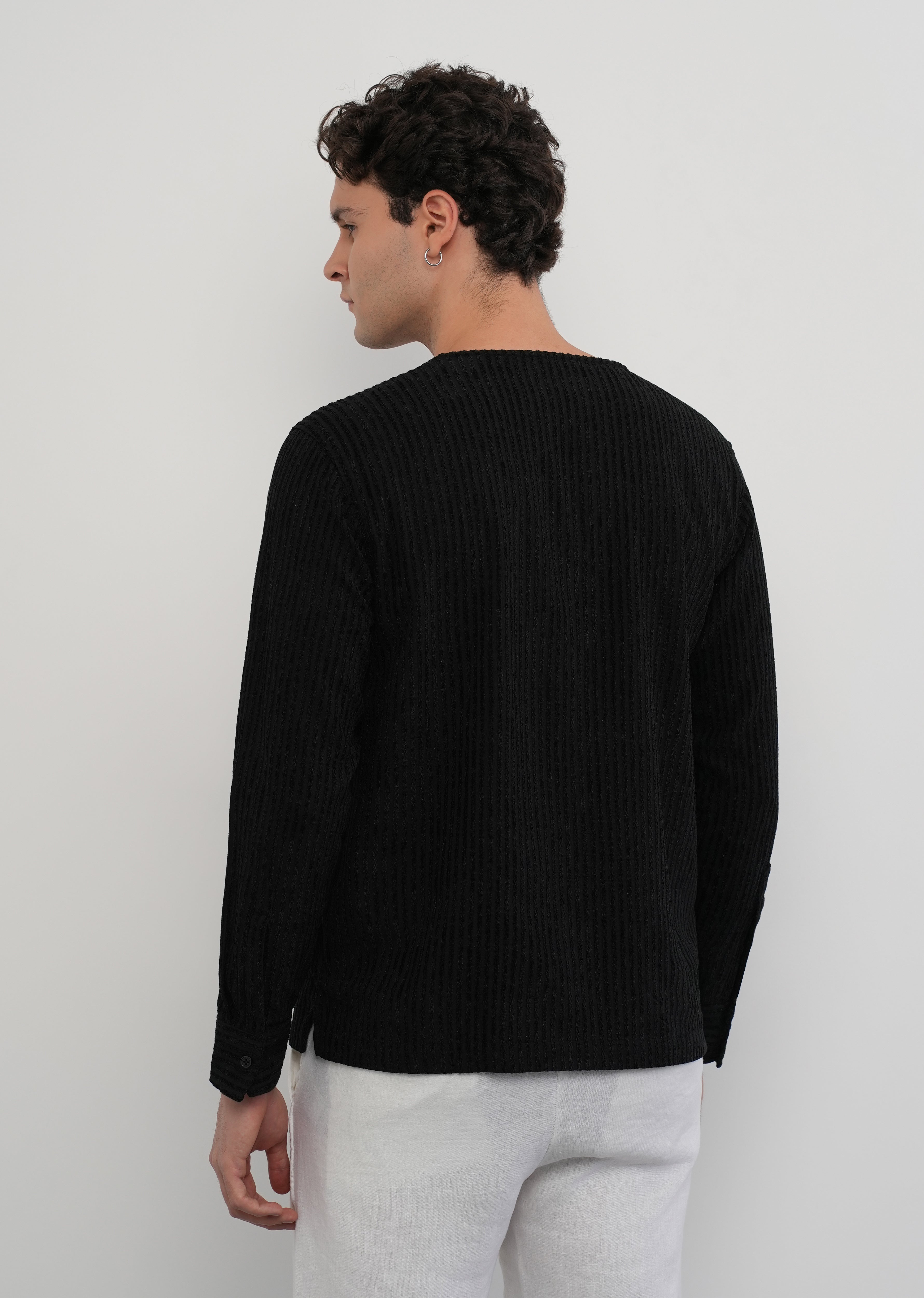 Black Jacquard Stripe Short Kurta