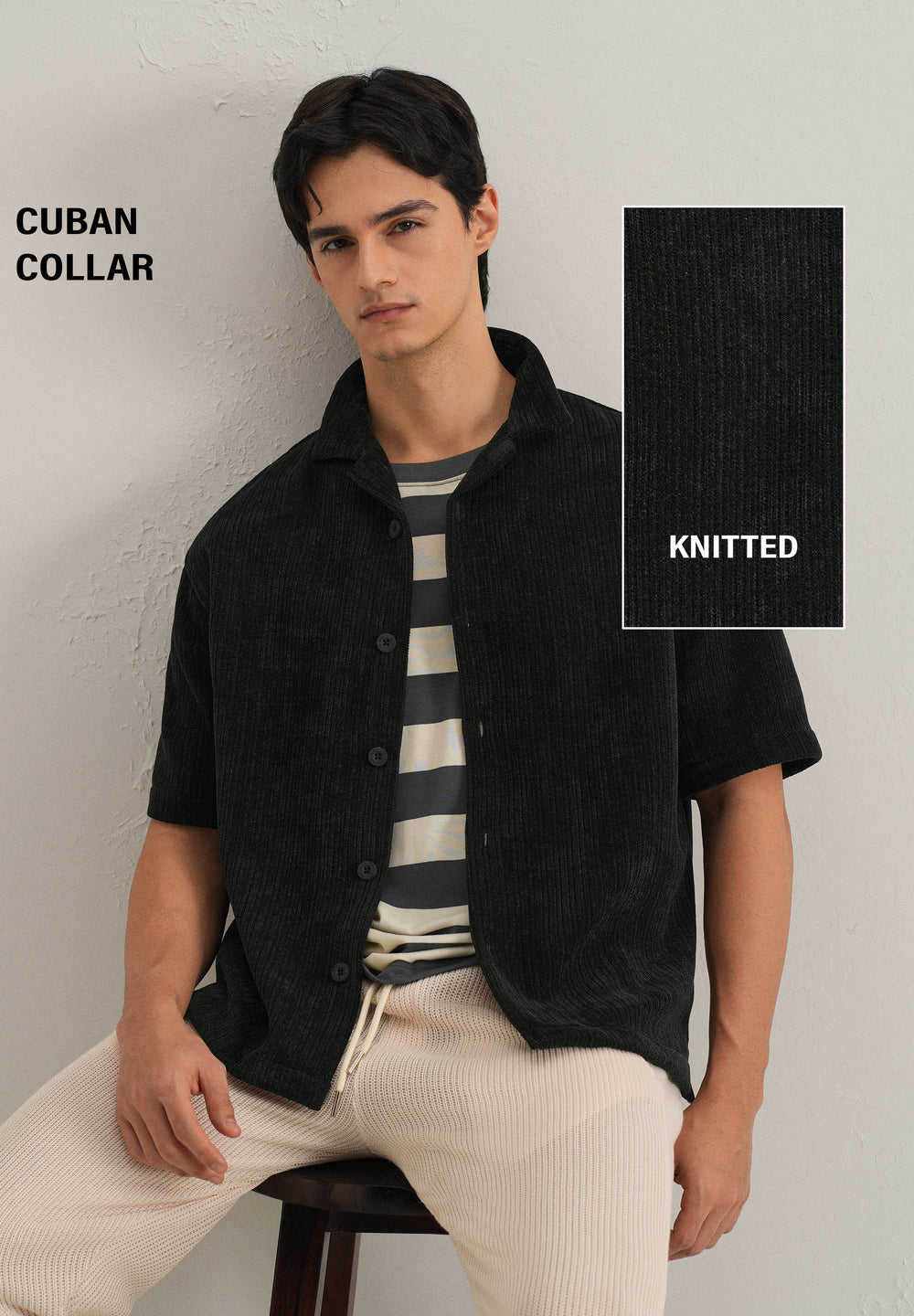 Black Suede Knit Cuban Collar Shirt