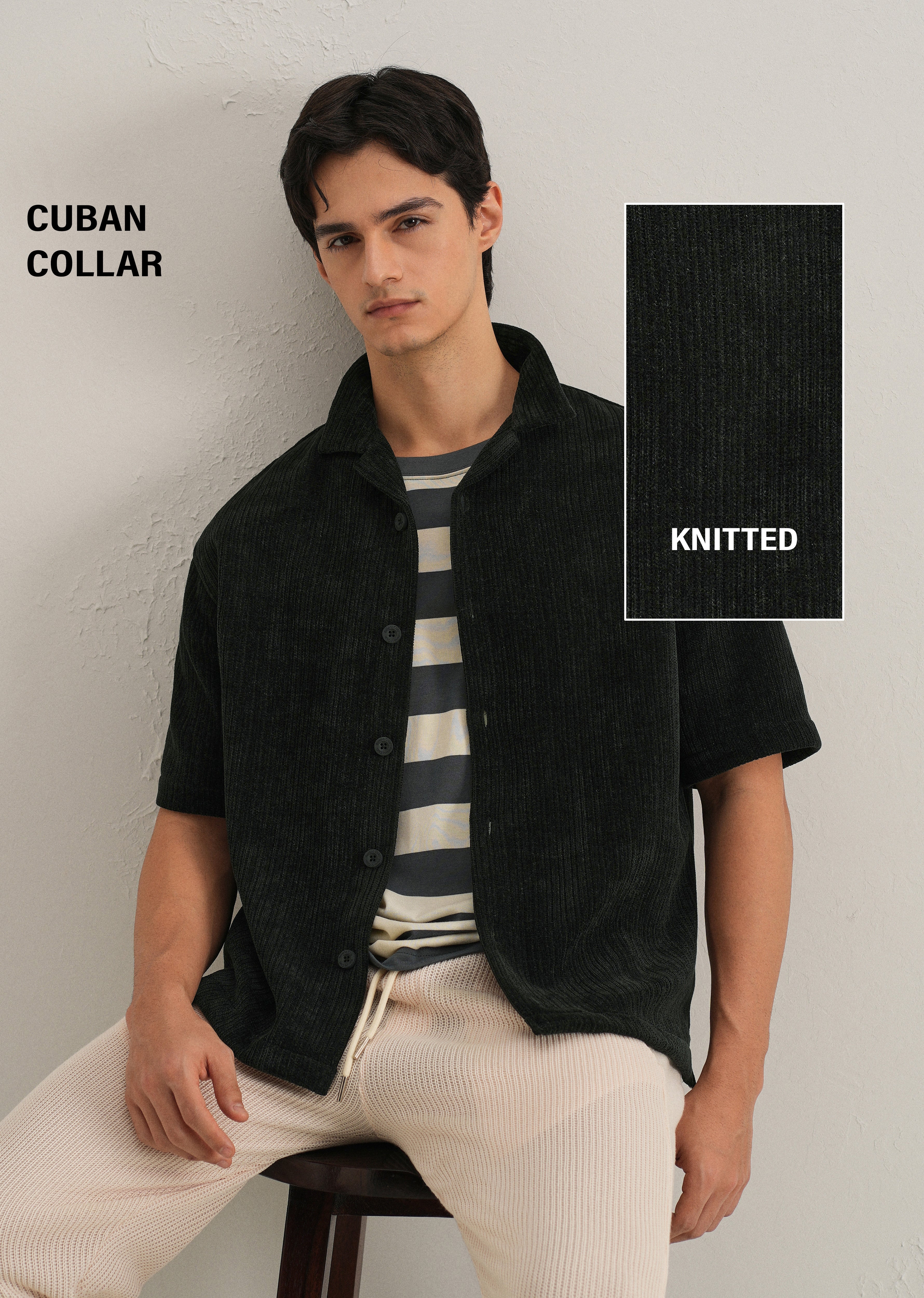 Black Suede Knit Cuban Collar Shirt
