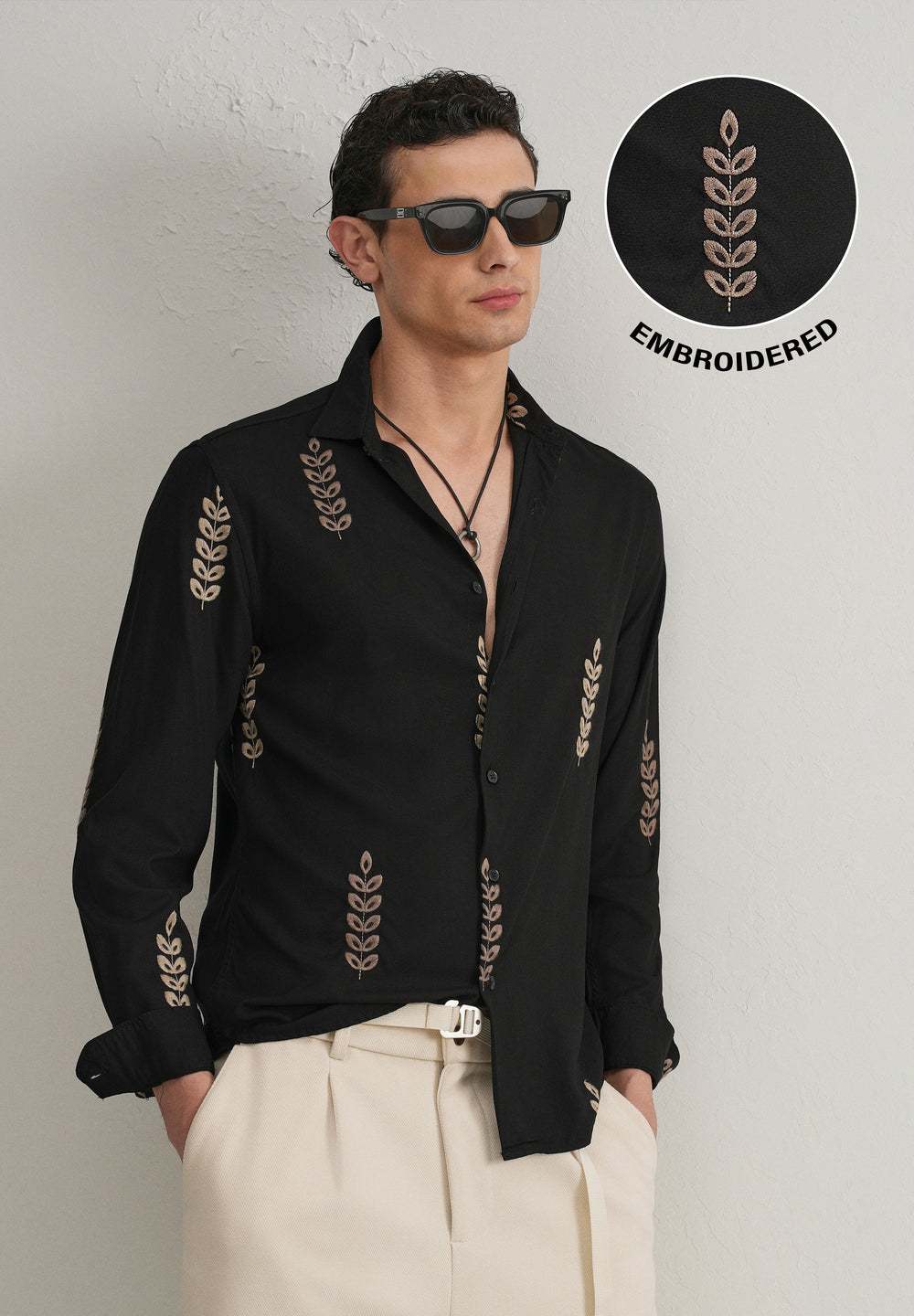 Black Leaf Embroidery Shirt