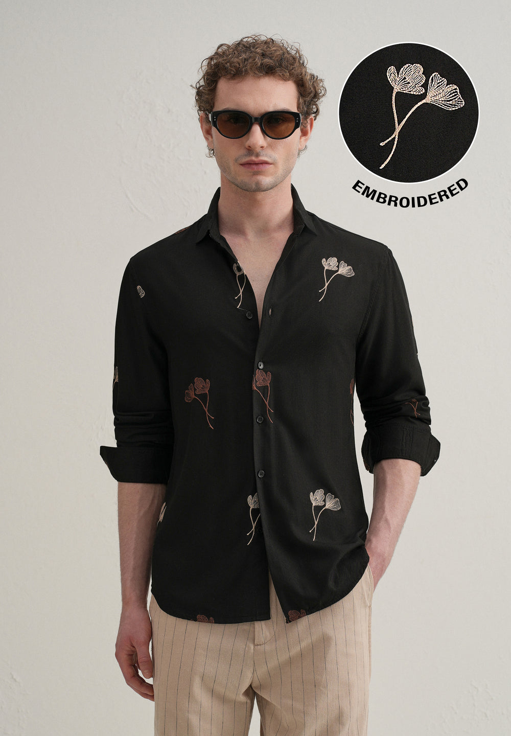 Black Floral Motif Embroidery Shirt