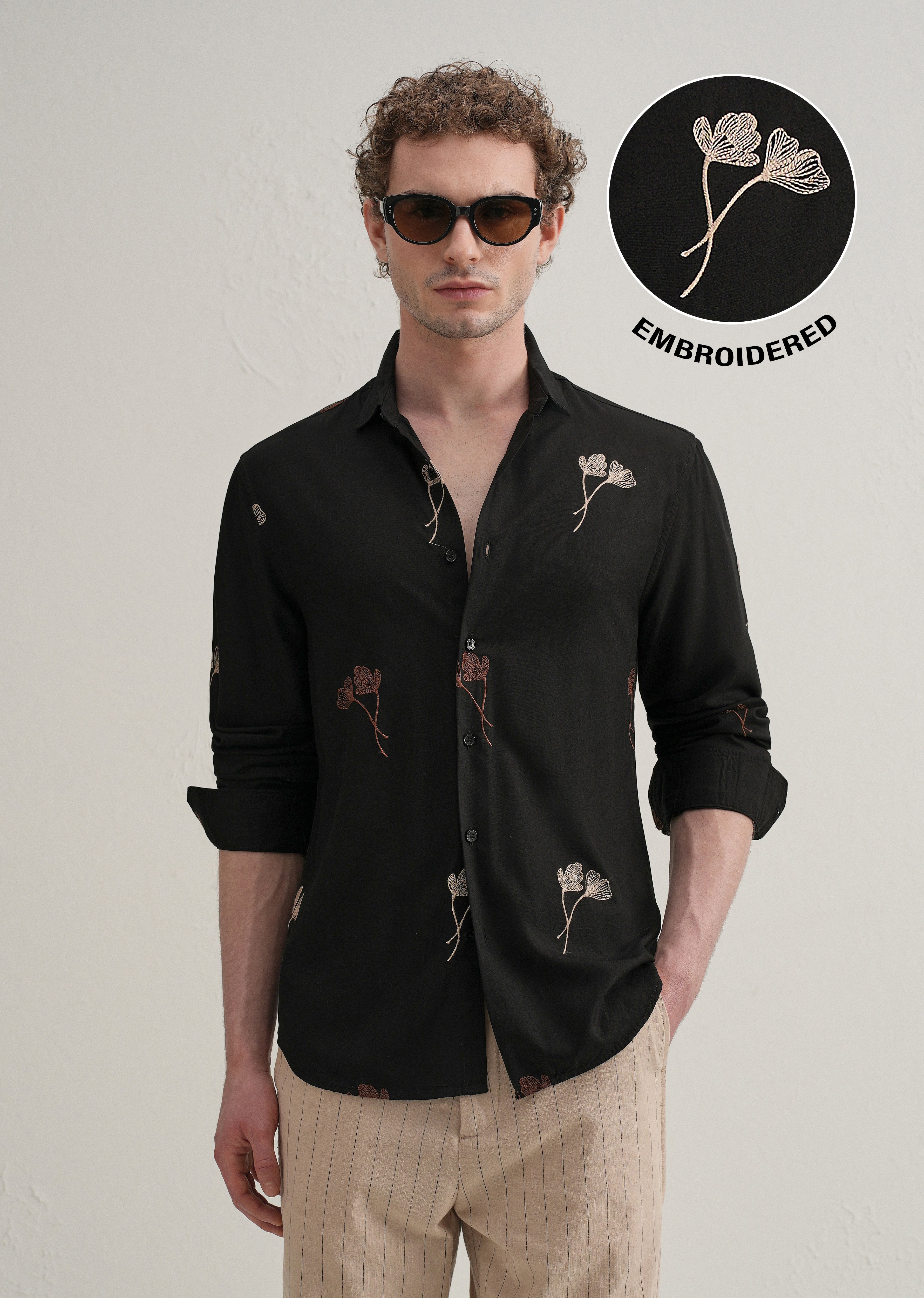 Black Floral Motif Embroidery Shirt