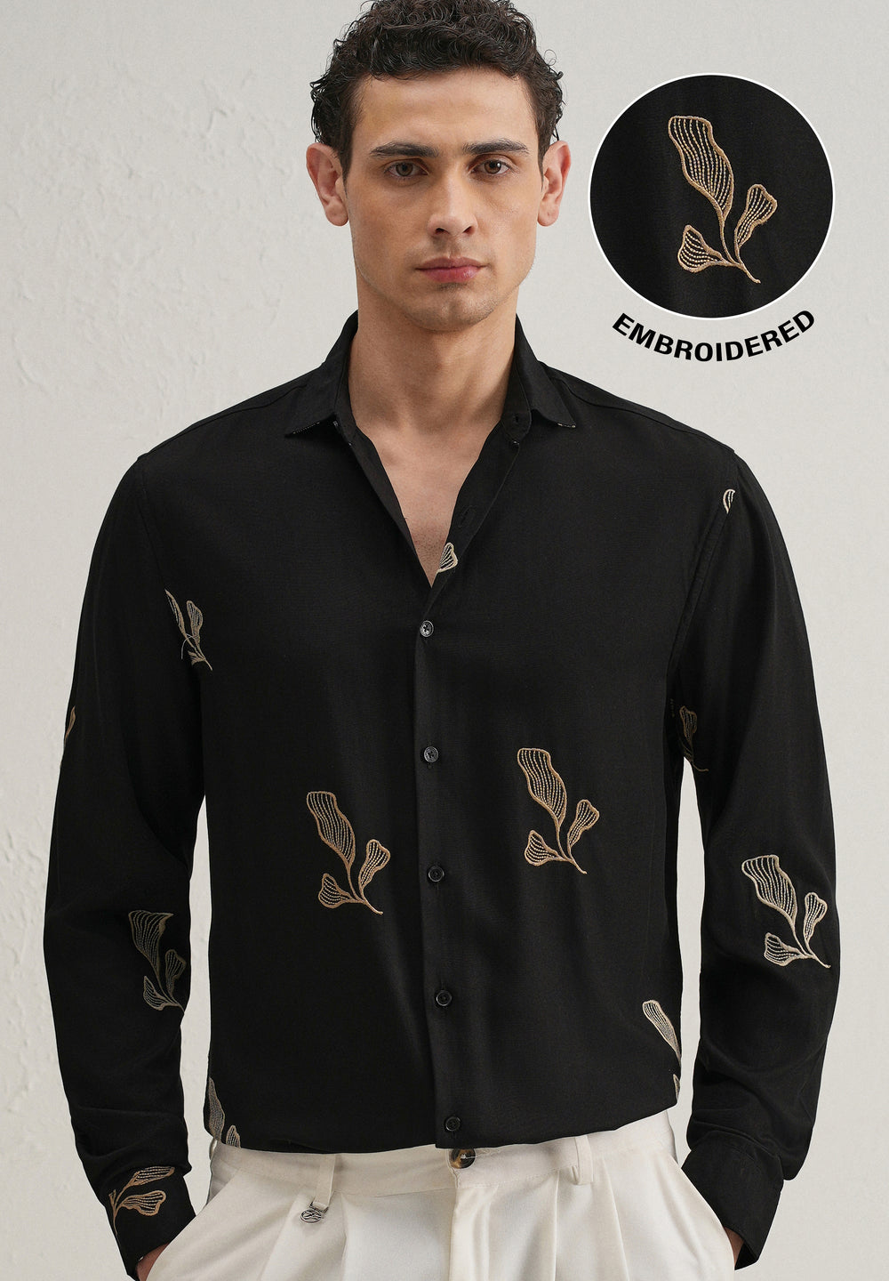 Black Leaf Motif Embroidery Shirt