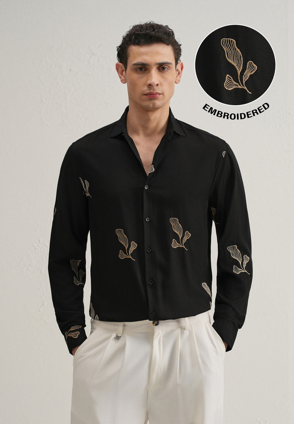 Black Leaf Motif Embroidery Shirt