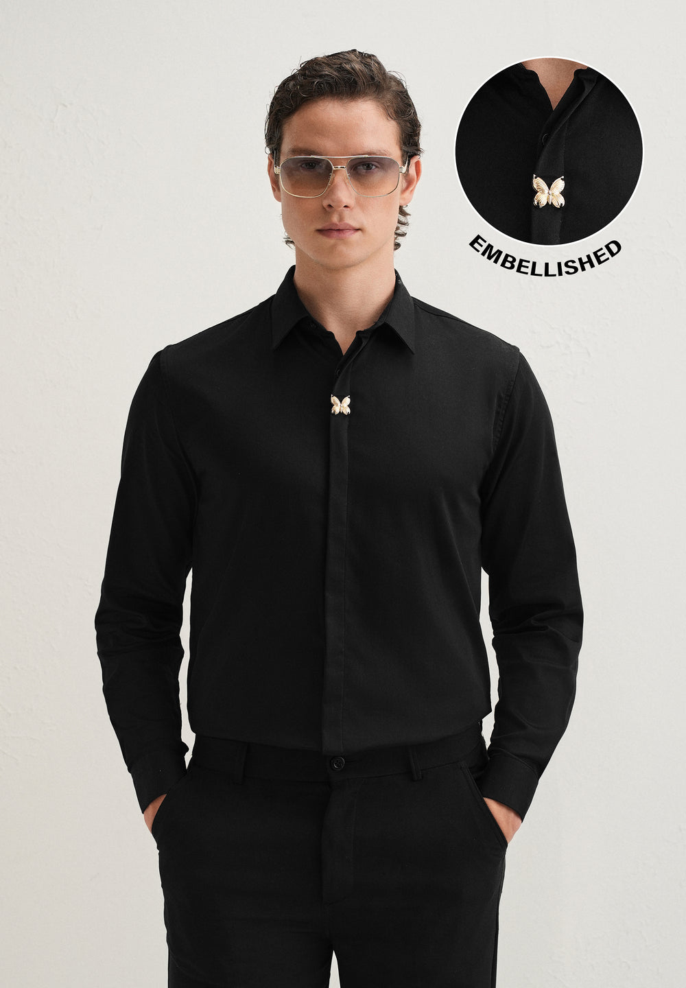 Black Metallic Butterfly Designer Shirt