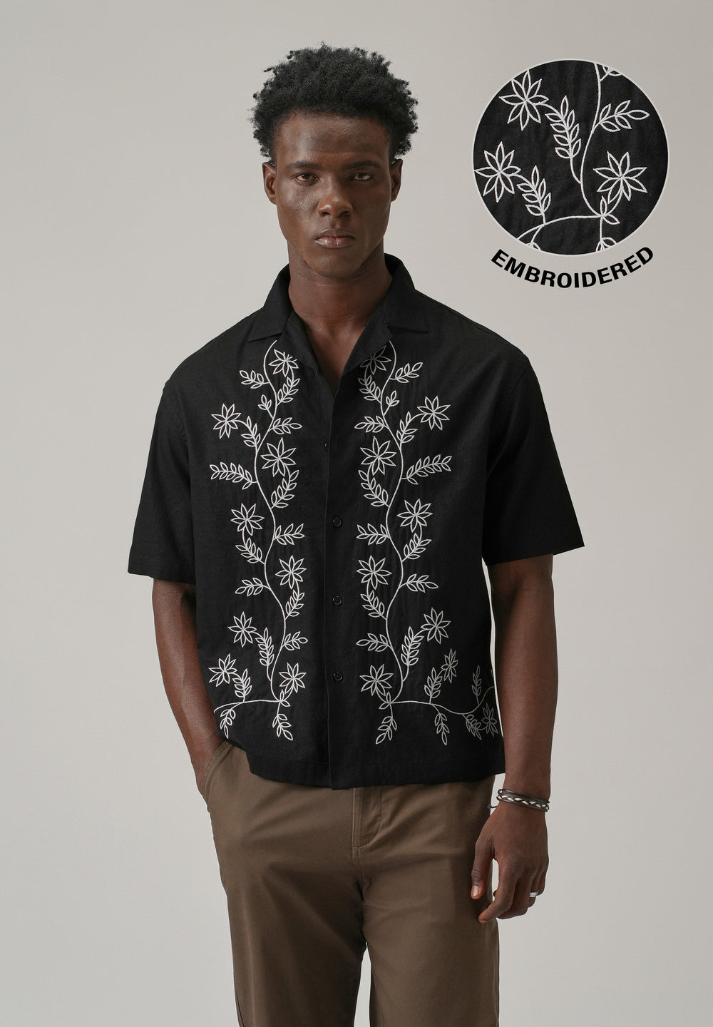 Black Pattern Embroidery Linen Shirt