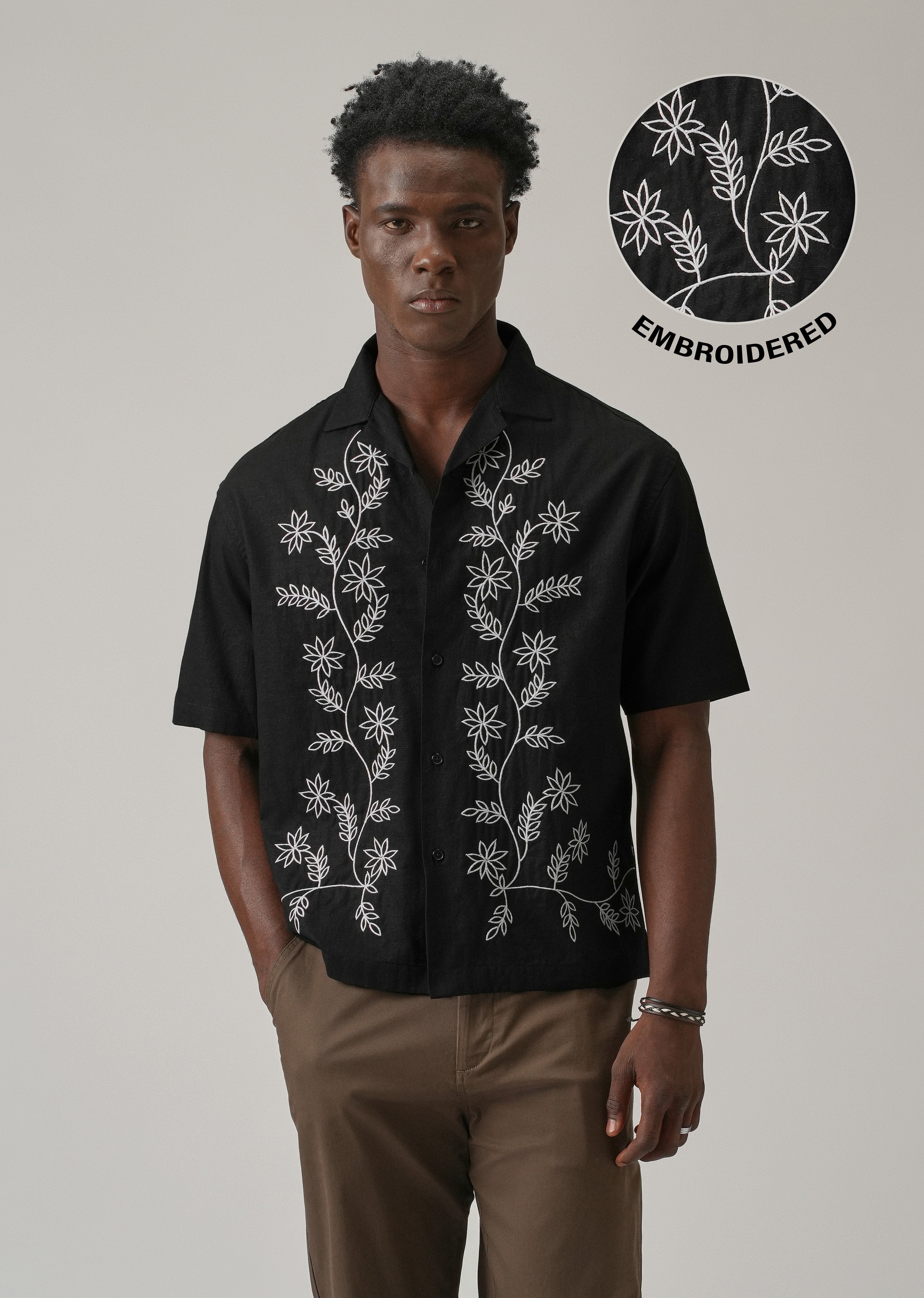 Black Pattern Embroidery Linen Shirt