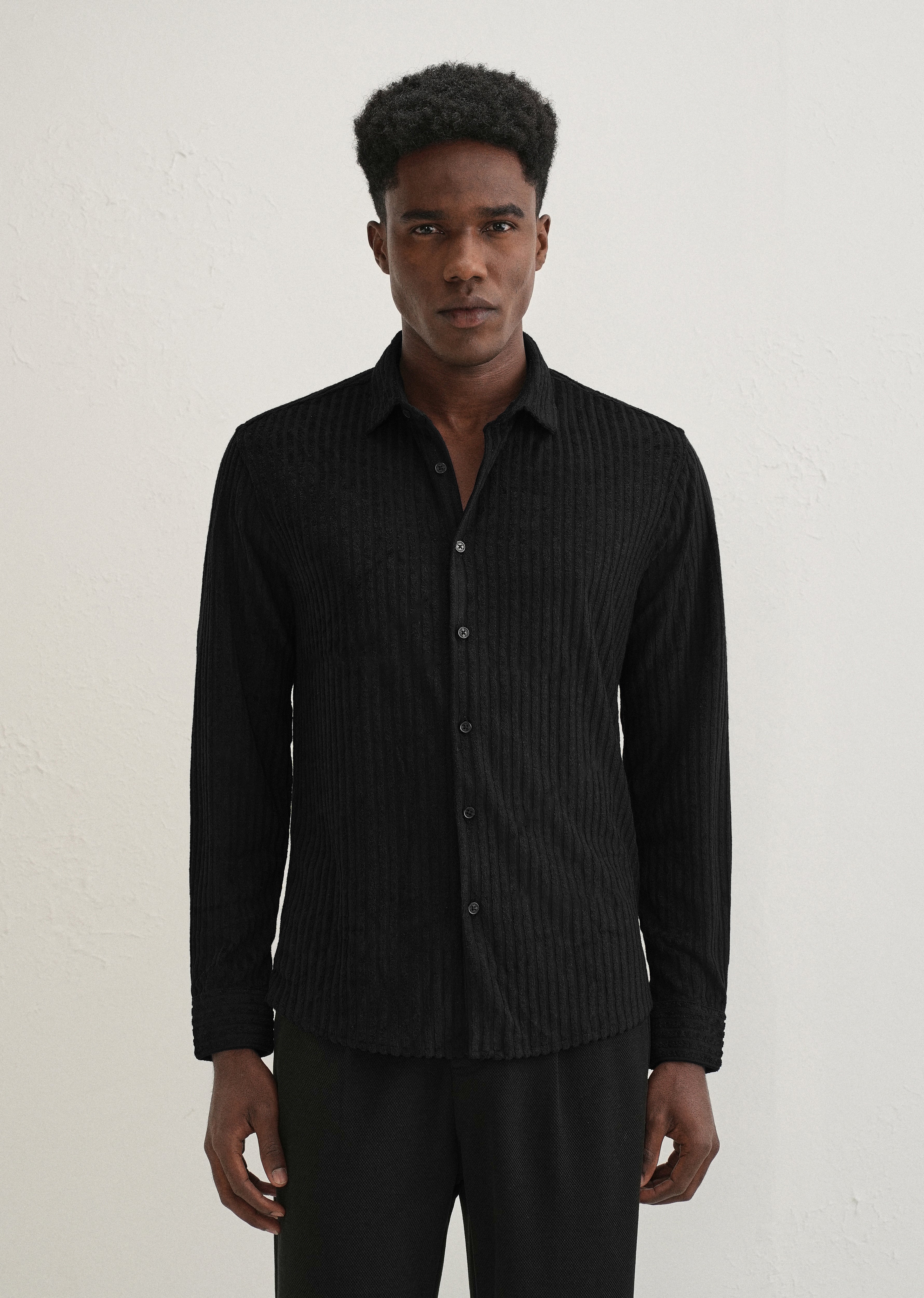 Black Plain Corduroy Stripe Shirt