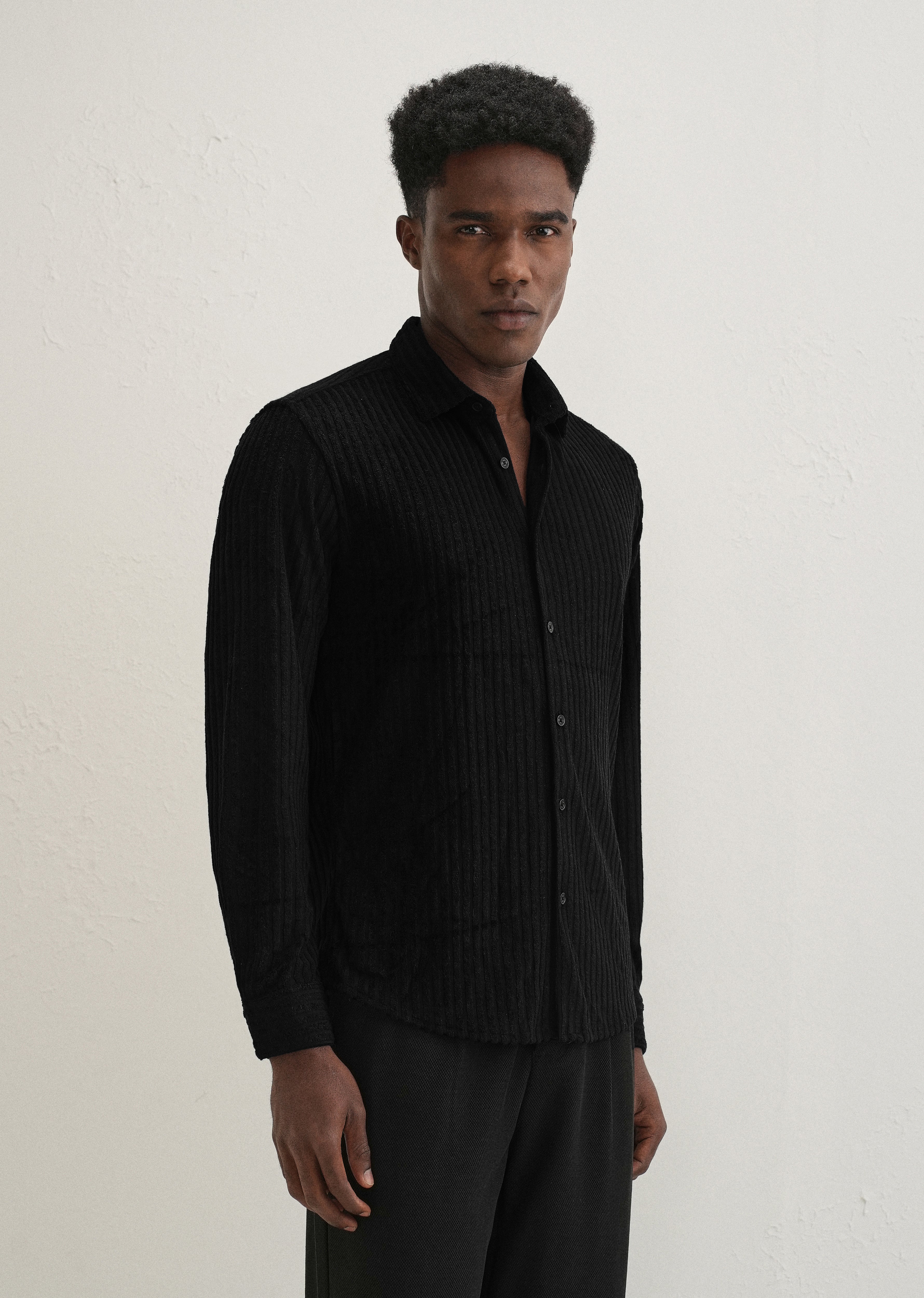 Black Plain Corduroy Stripe Shirt