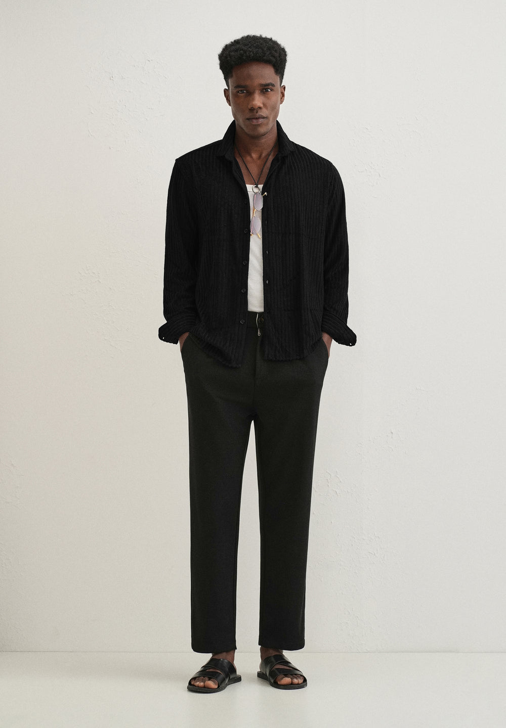 Black Plain Corduroy Stripe Shirt