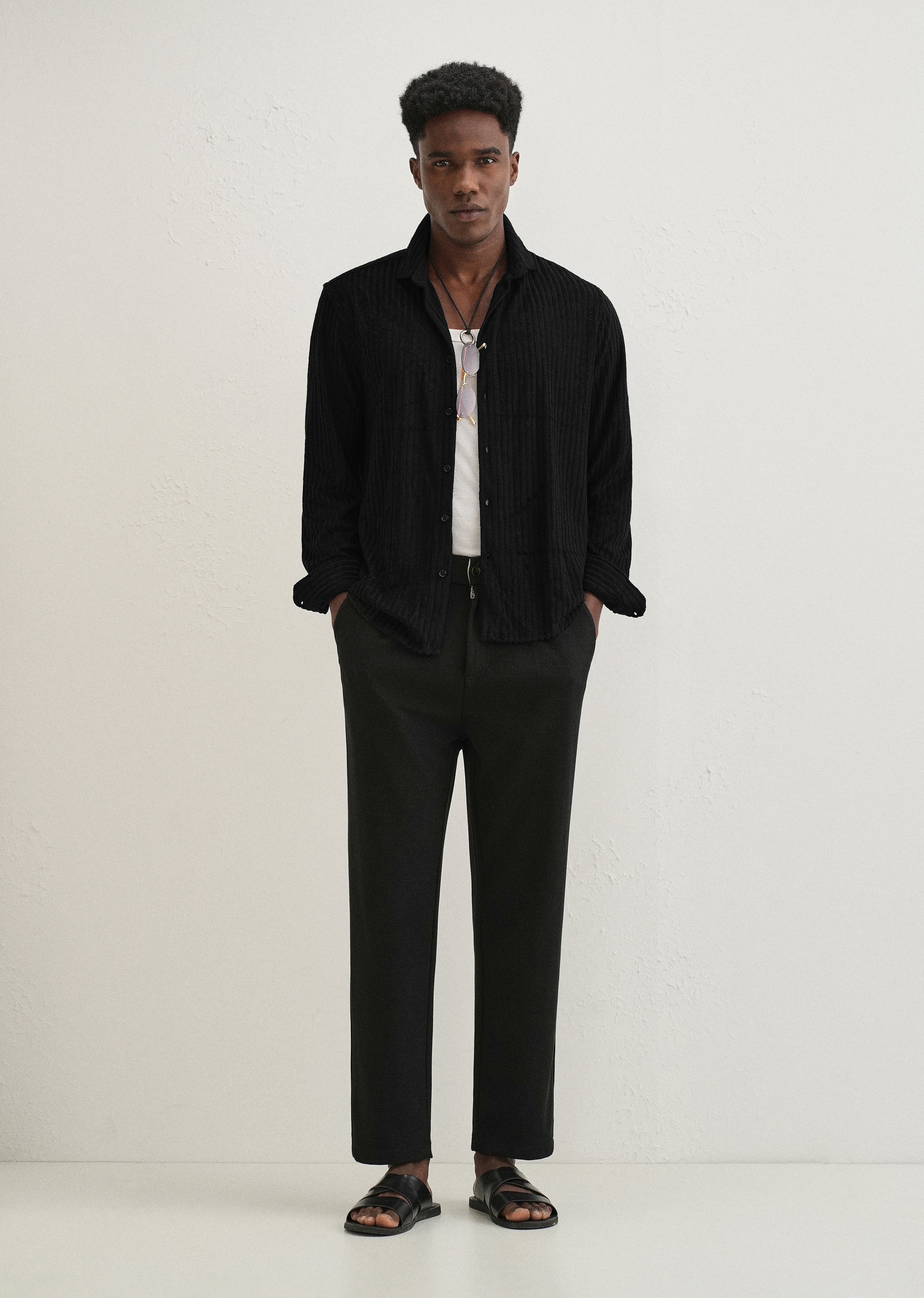 Black Plain Corduroy Stripe Shirt