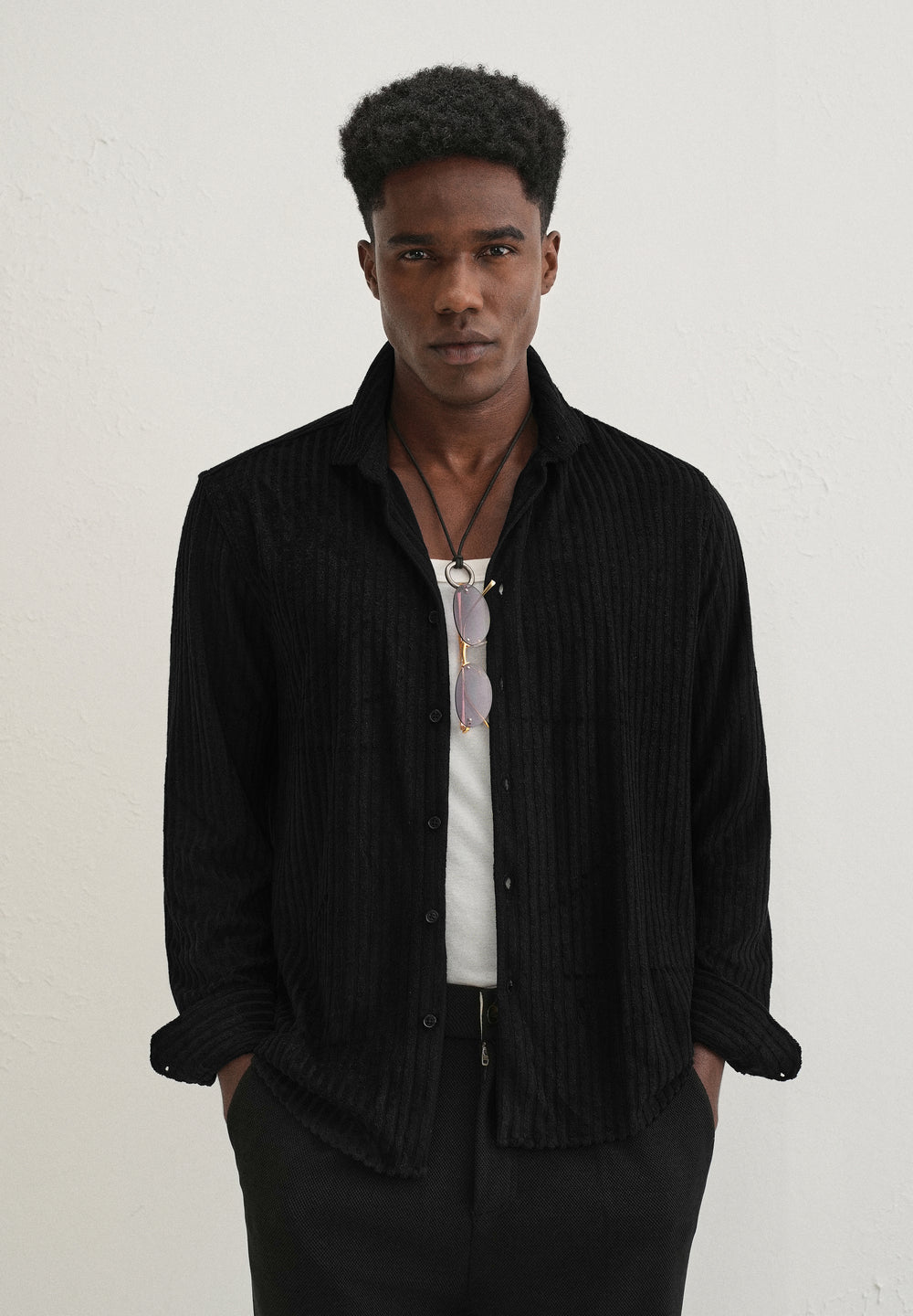 Black Plain Corduroy Stripe Shirt