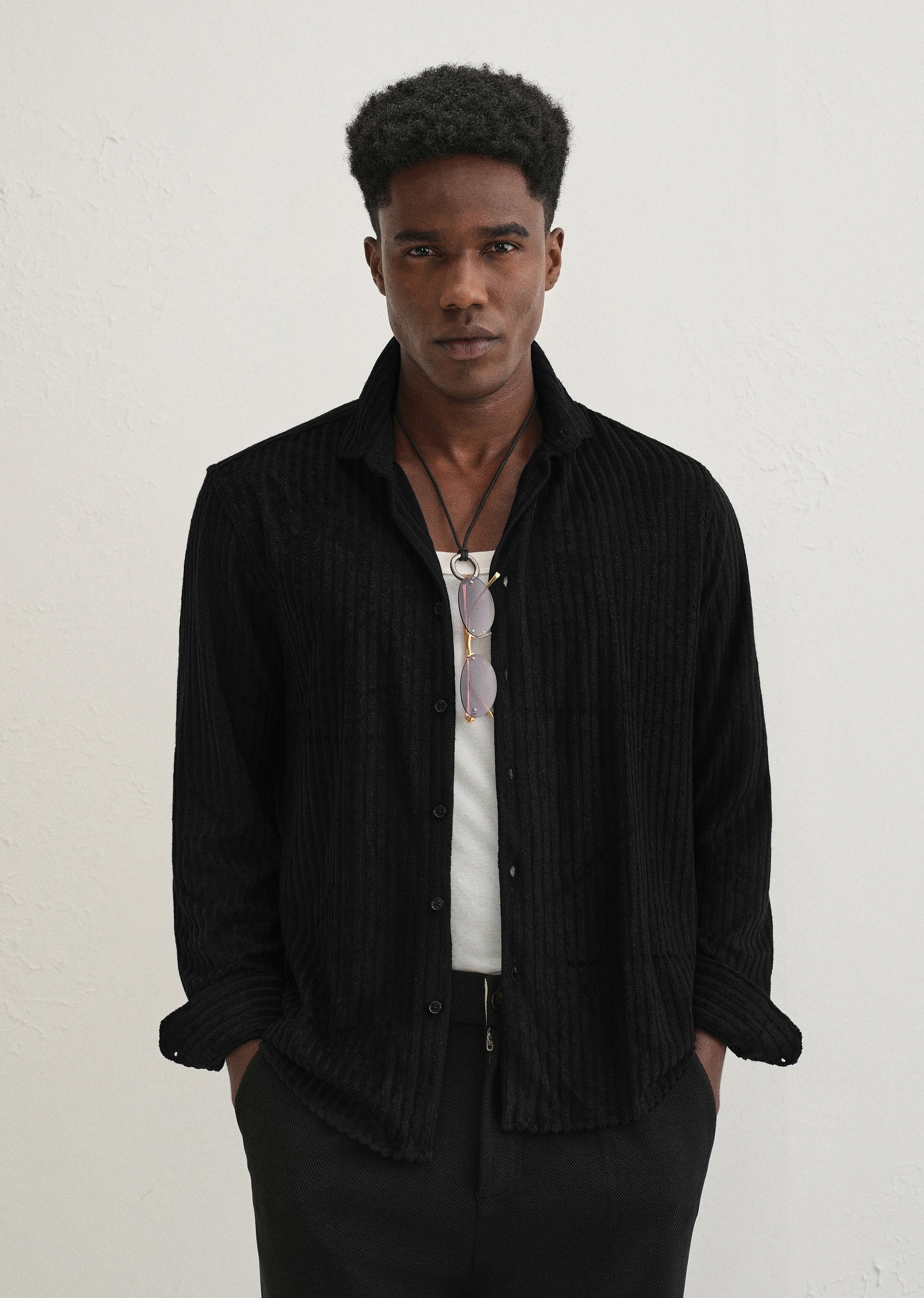 Black Plain Corduroy Stripe Shirt