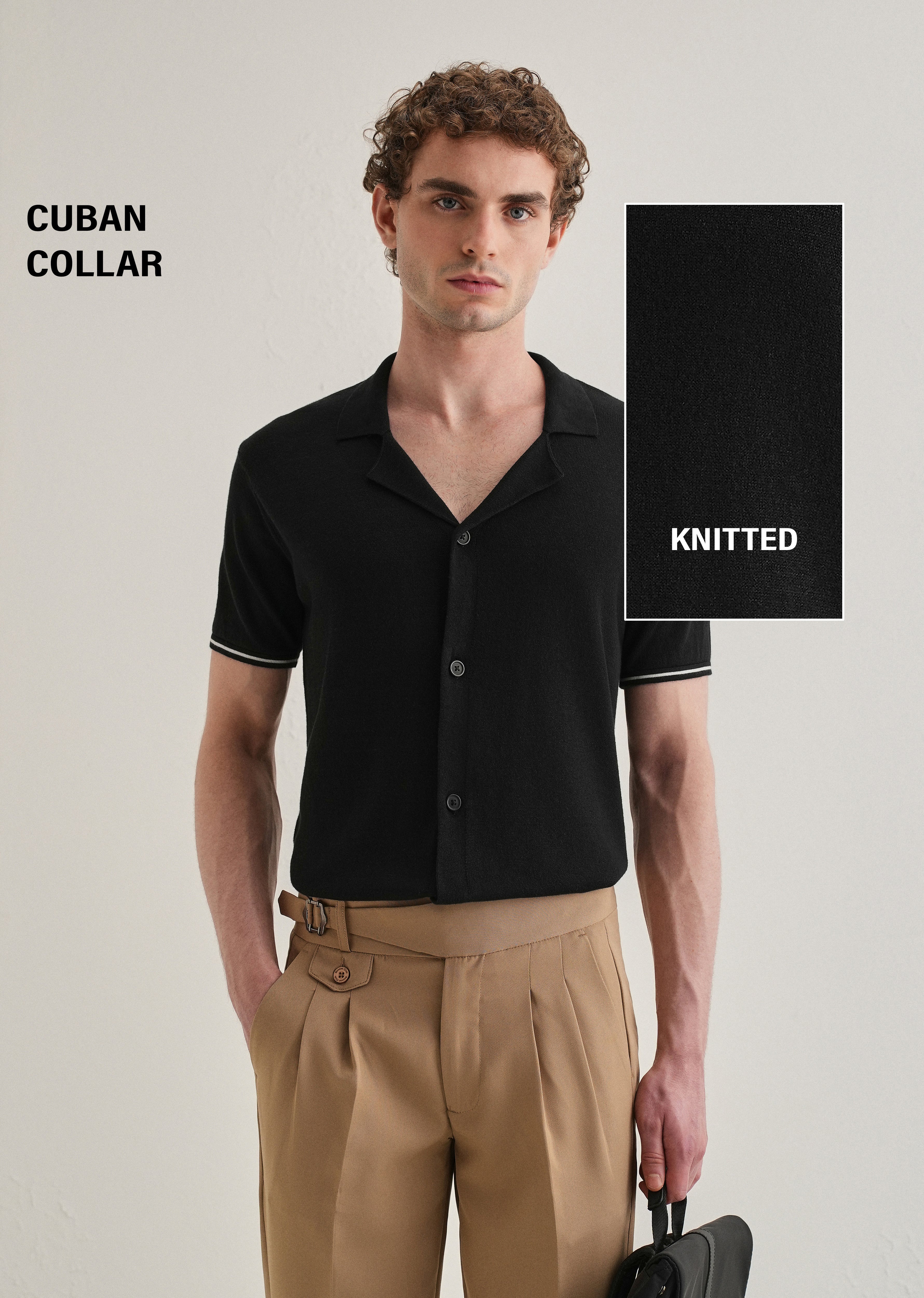 Black Plain Knit Cuban Collar Shirt