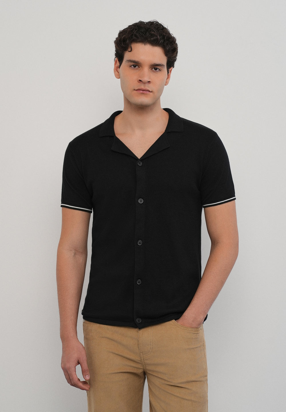 Black Plain Knit Cuban Collar Shirt