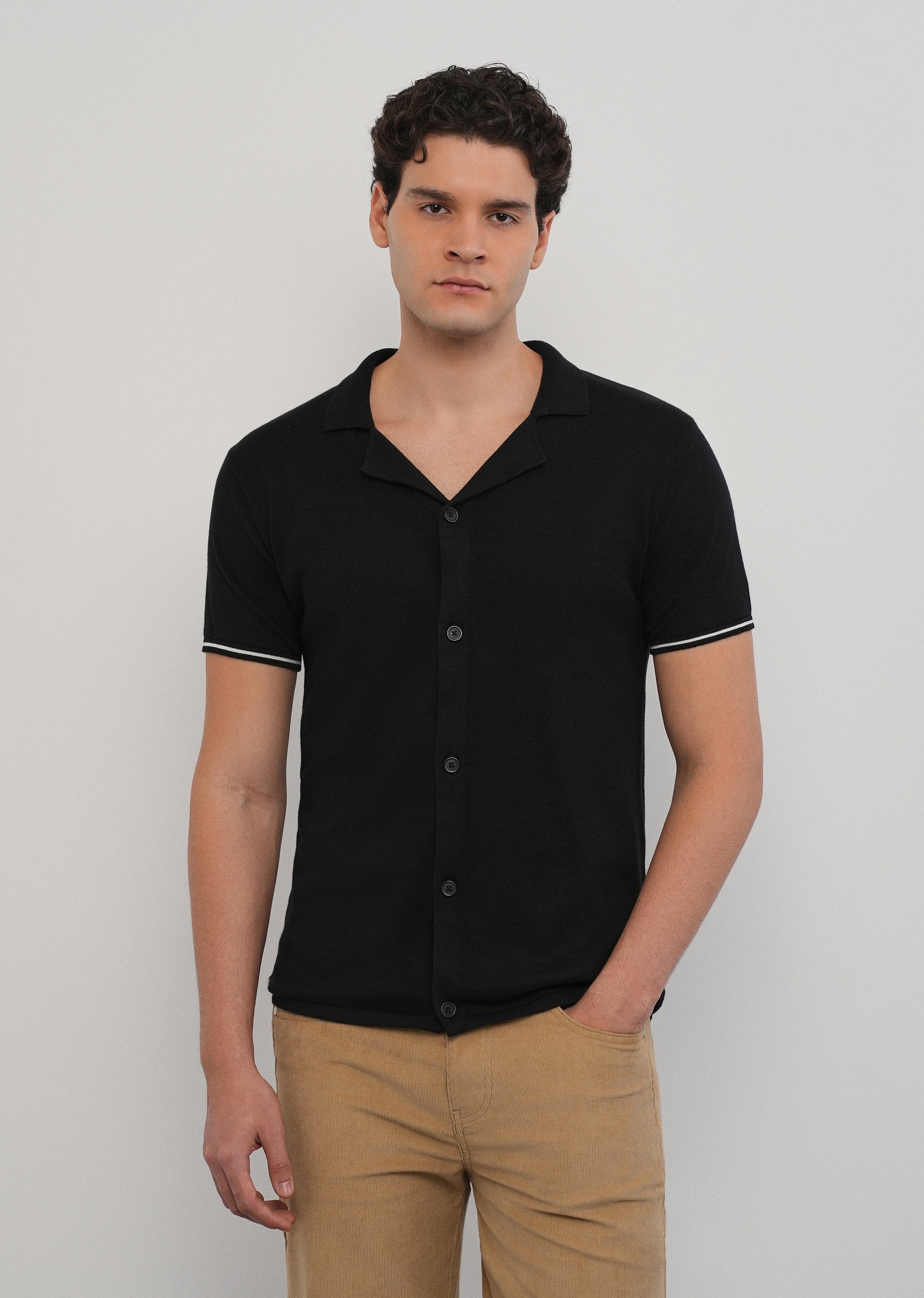 Black Plain Knit Cuban Collar Shirt